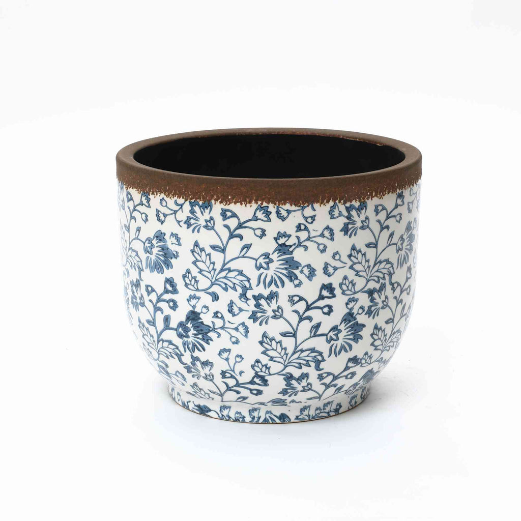Arbor Round Ceramic Planter, Blue Floral, 11"
