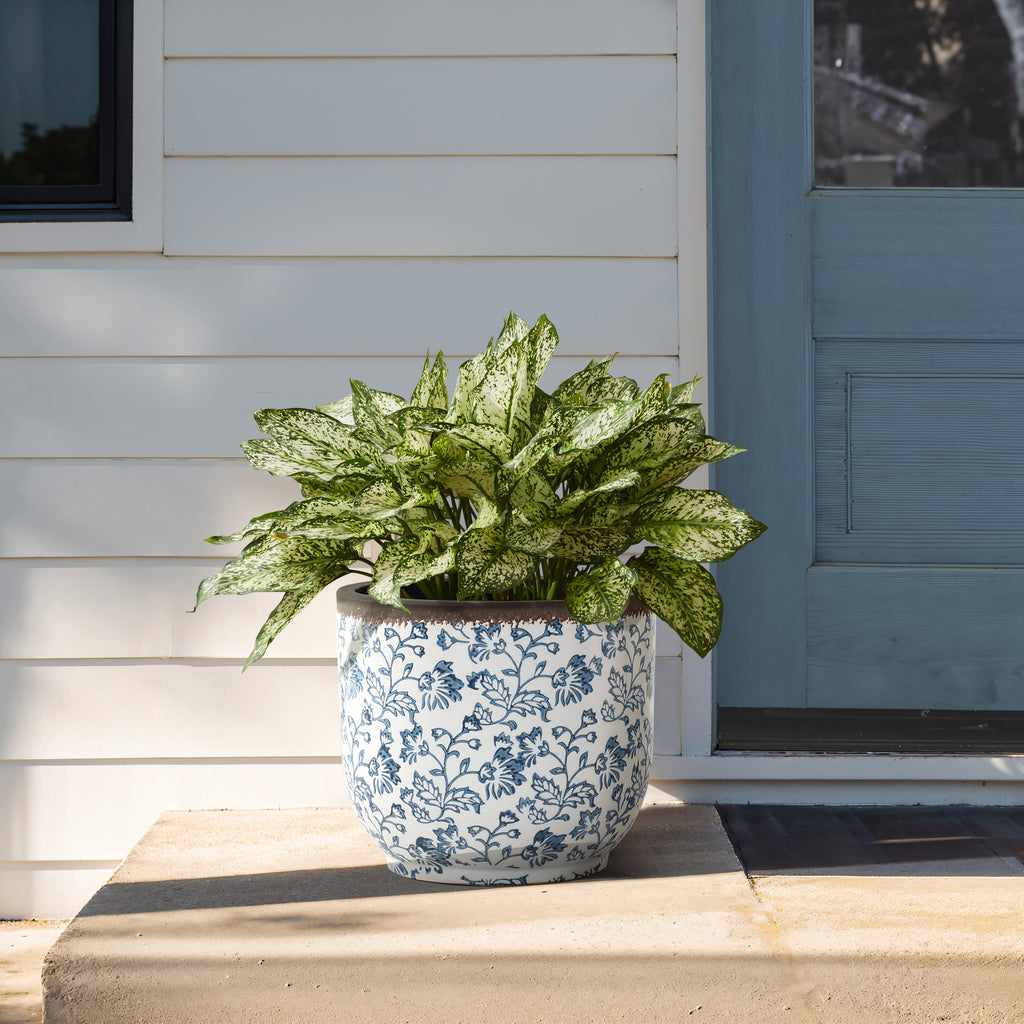 Blue Floral Tabletop Decorative Ceramic Planter, 12.4"