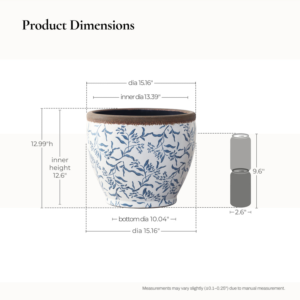 Cobalt Vine Large Ceramic Indoor Outdoor Garden Planter, 15.6"