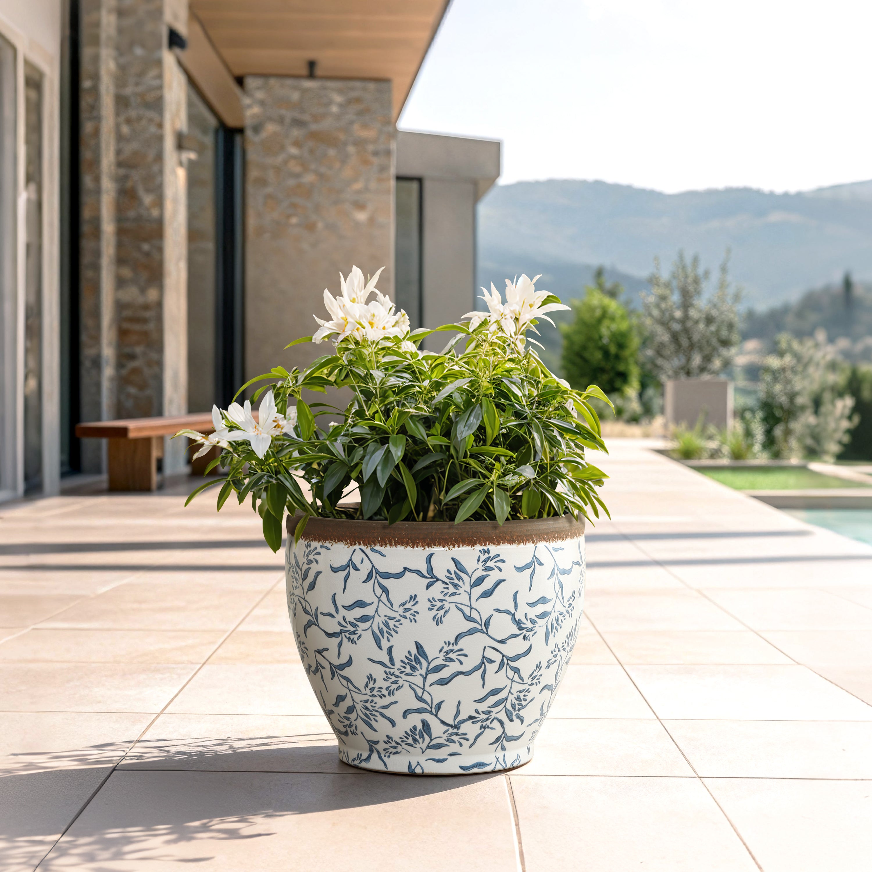 Cobalt Vine Large Ceramic Indoor Outdoor Garden Planter, 15.6"