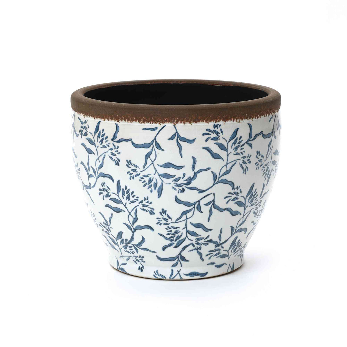 Strata Round Ceramic Planter, Blue Floral, 13"