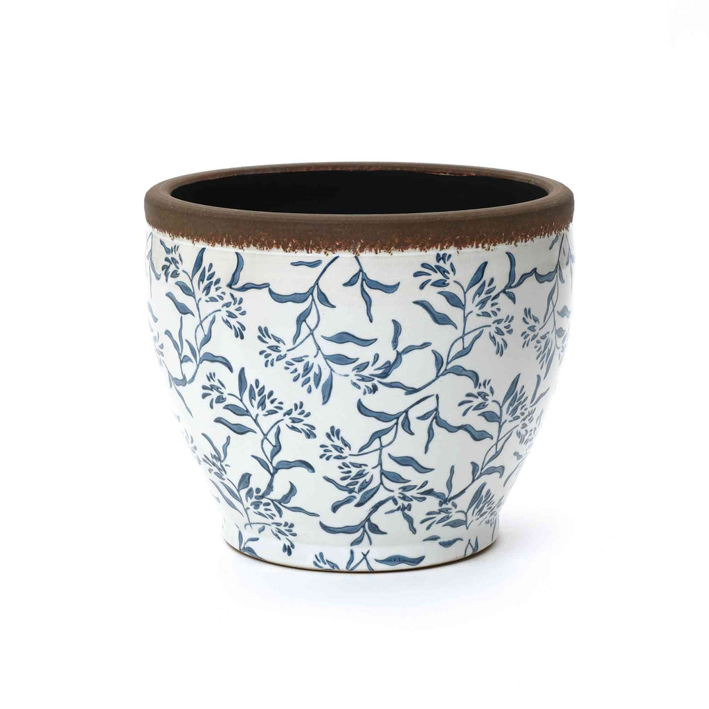 Strata Round Ceramic Planter, Blue Floral, 11"