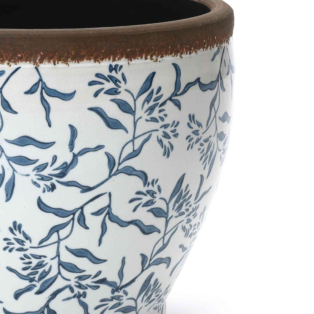 Strata Round Ceramic Planter, Blue Floral, 13"