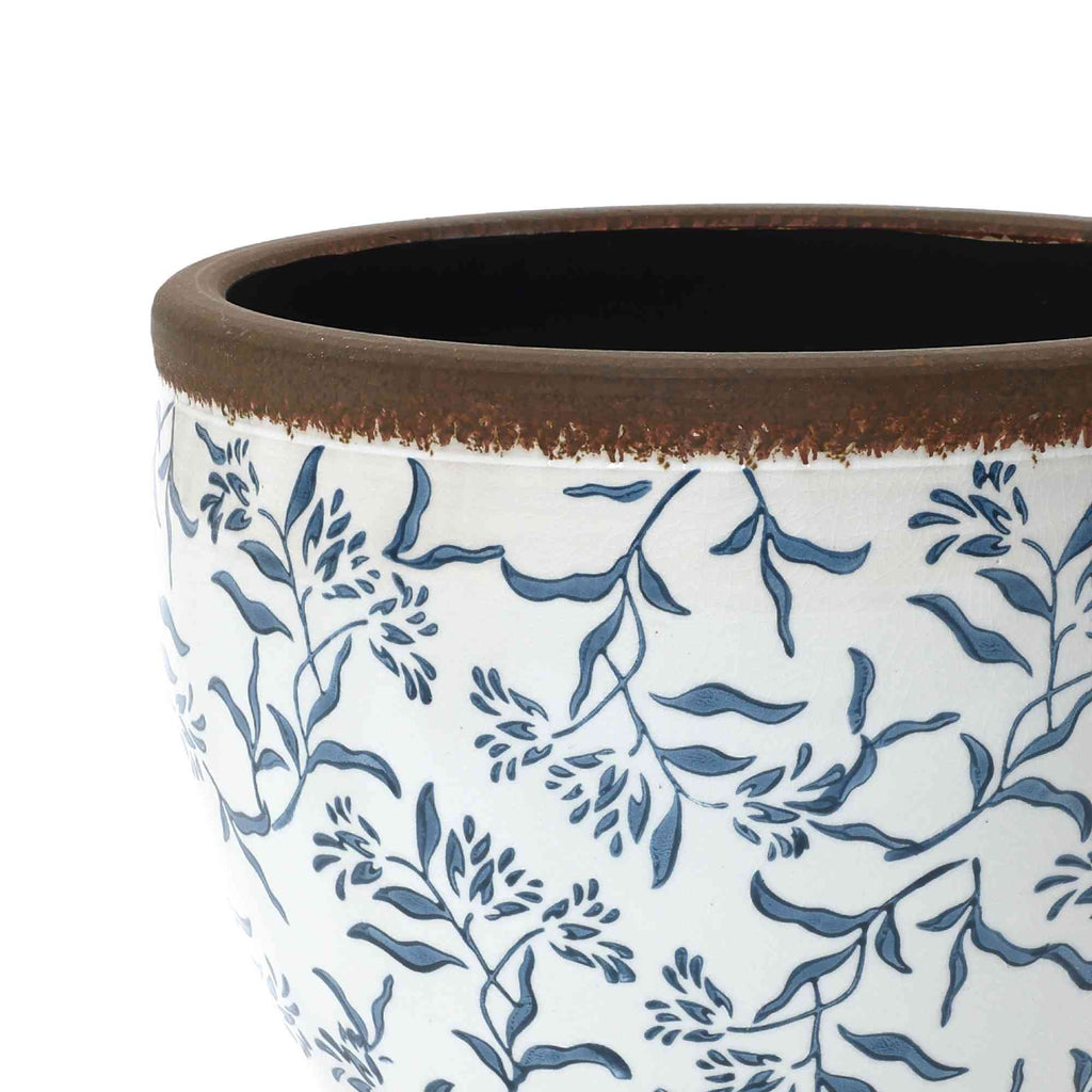 Strata Round Ceramic Planter, Blue Floral, 13"