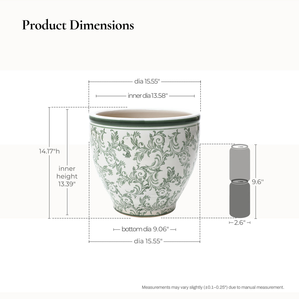 Green Paisley Large Ceramic Indoor Outdoor Garden Planter, 15.4"