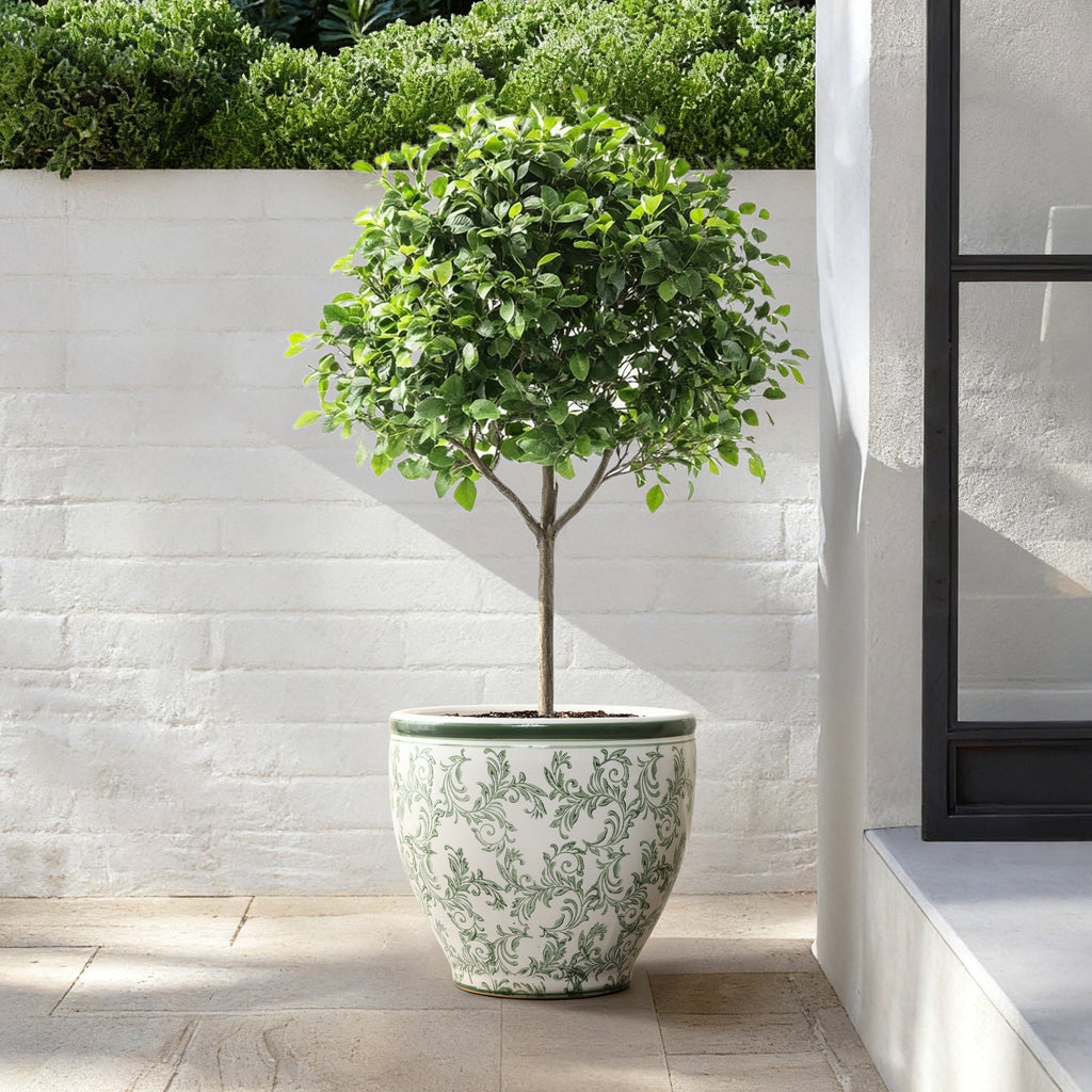 Green Paisley Large Ceramic Indoor Outdoor Garden Planter, 15.4"