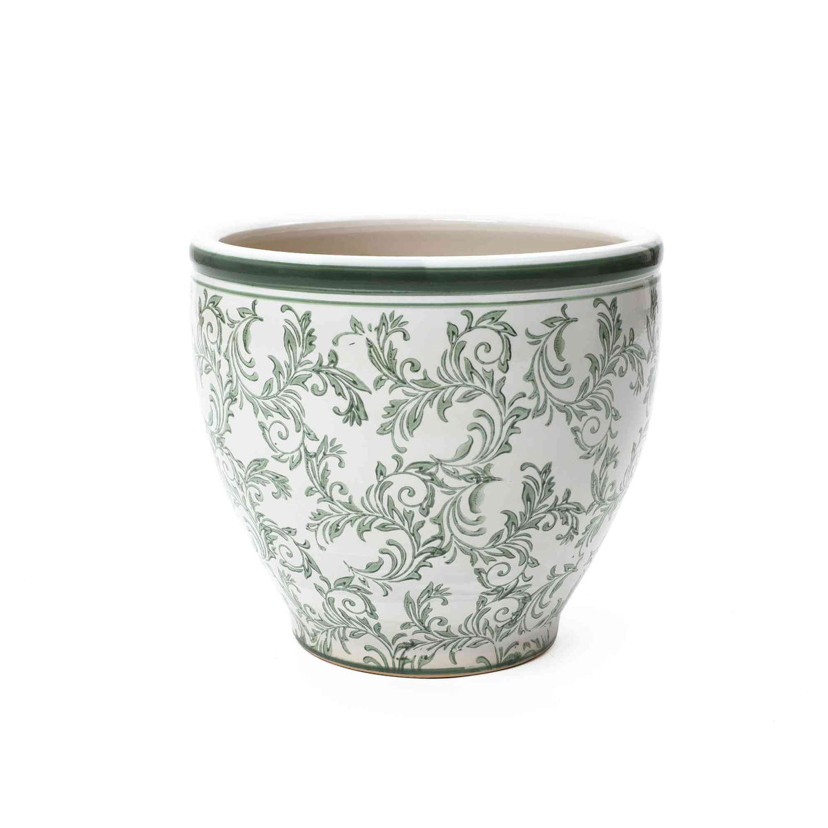 Sylvan Round Ceramic Planter, Green Paisley, 10.5"