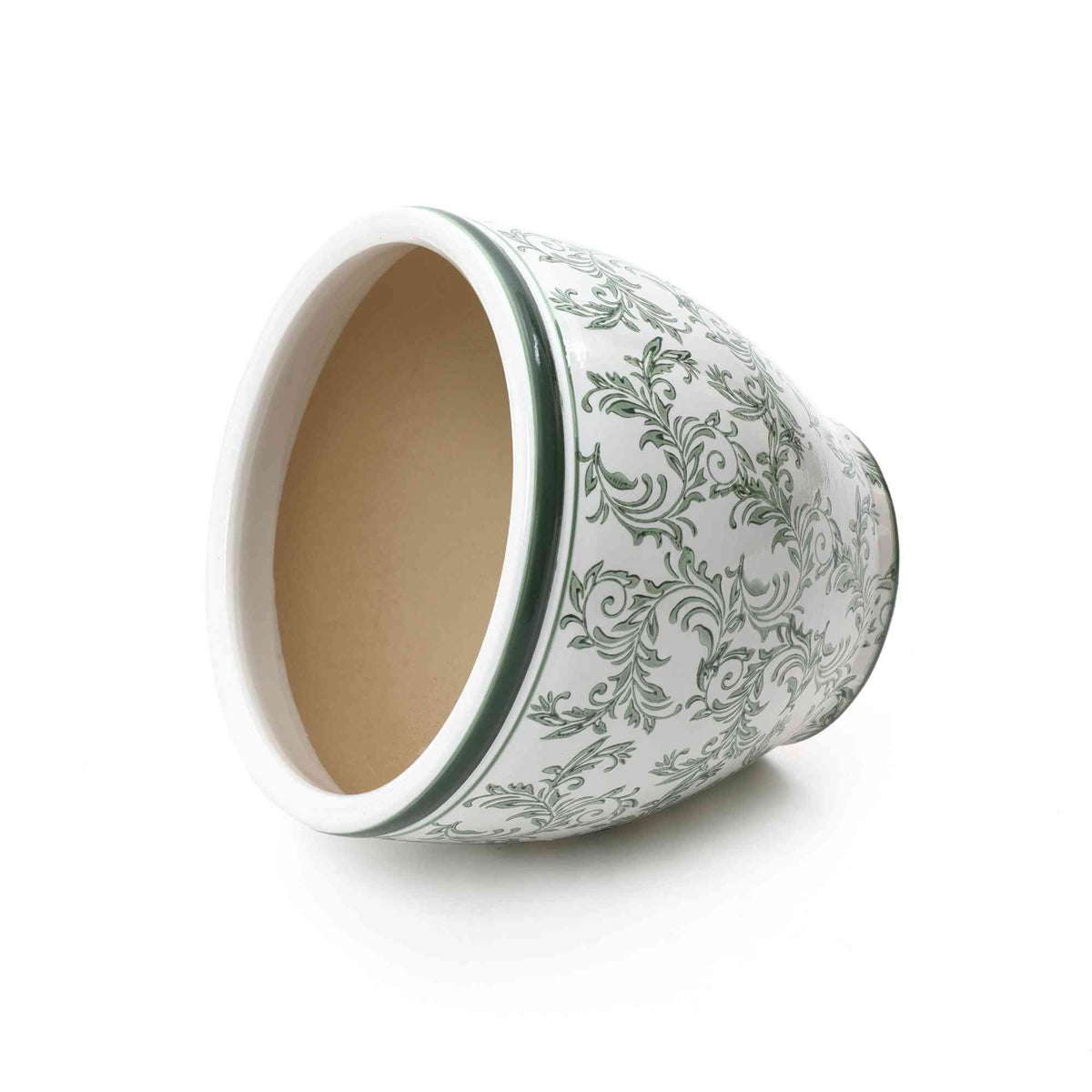 Sylvan Round Ceramic Planter, Green Paisley, 10.5"