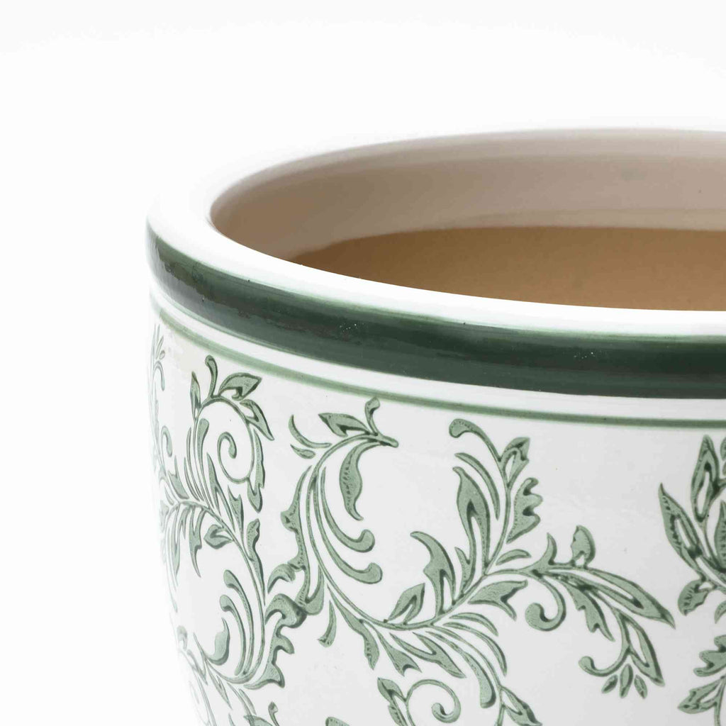 Sylvan Round Ceramic Planter, Green Paisley, 10.5"