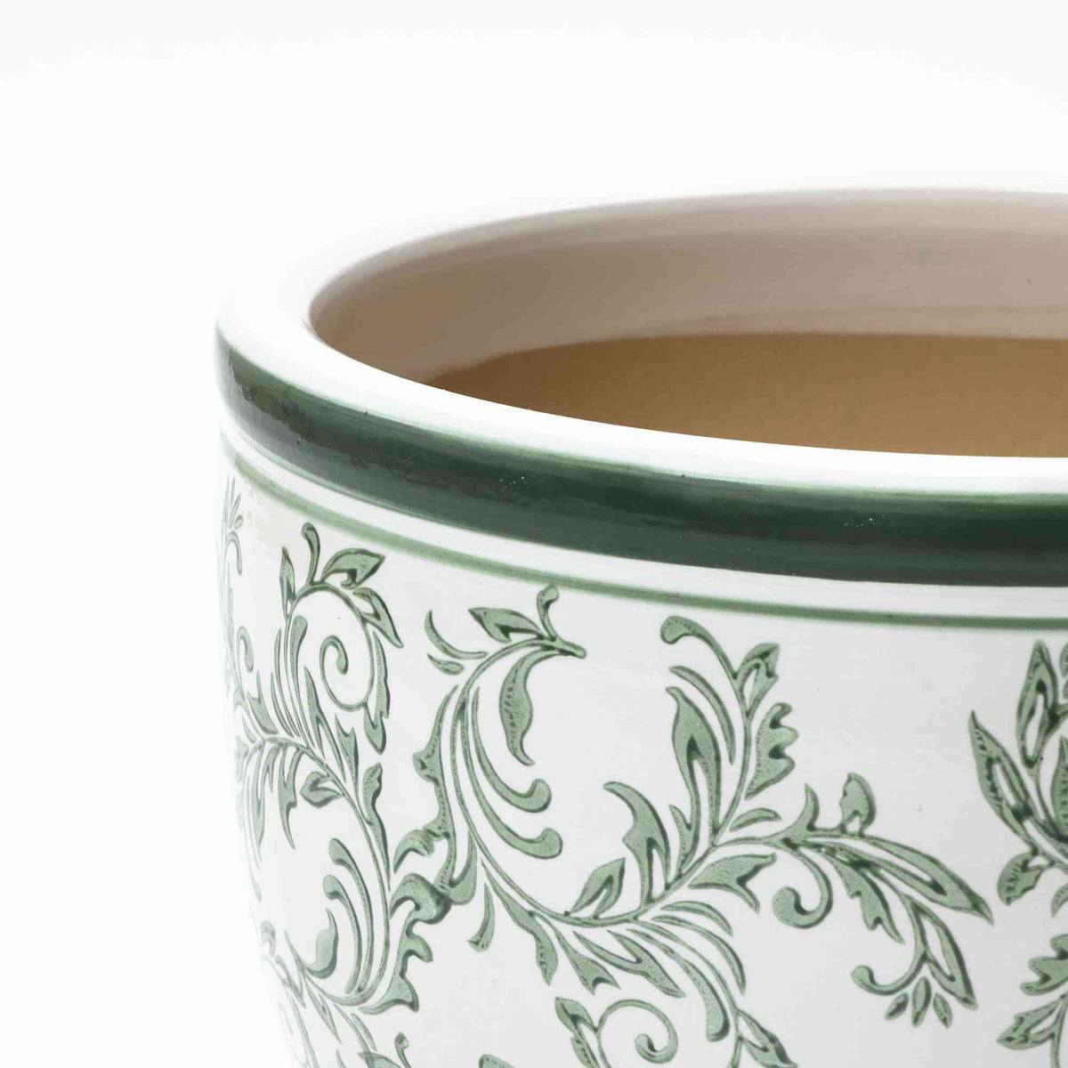 Sylvan Round Ceramic Planter, Green Paisley, 14"