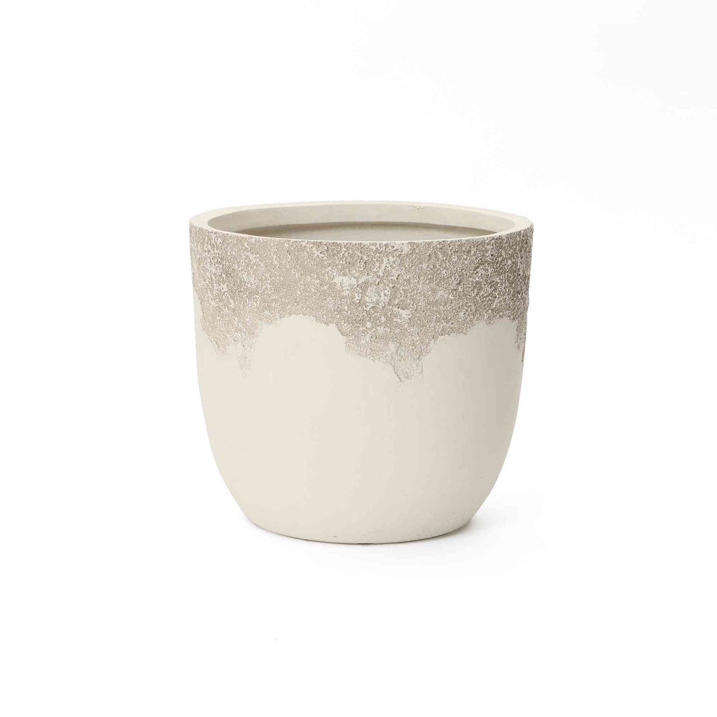 Sierra Round Travertine Stone-Textured Mgo Planter, Off-White, 14.5"