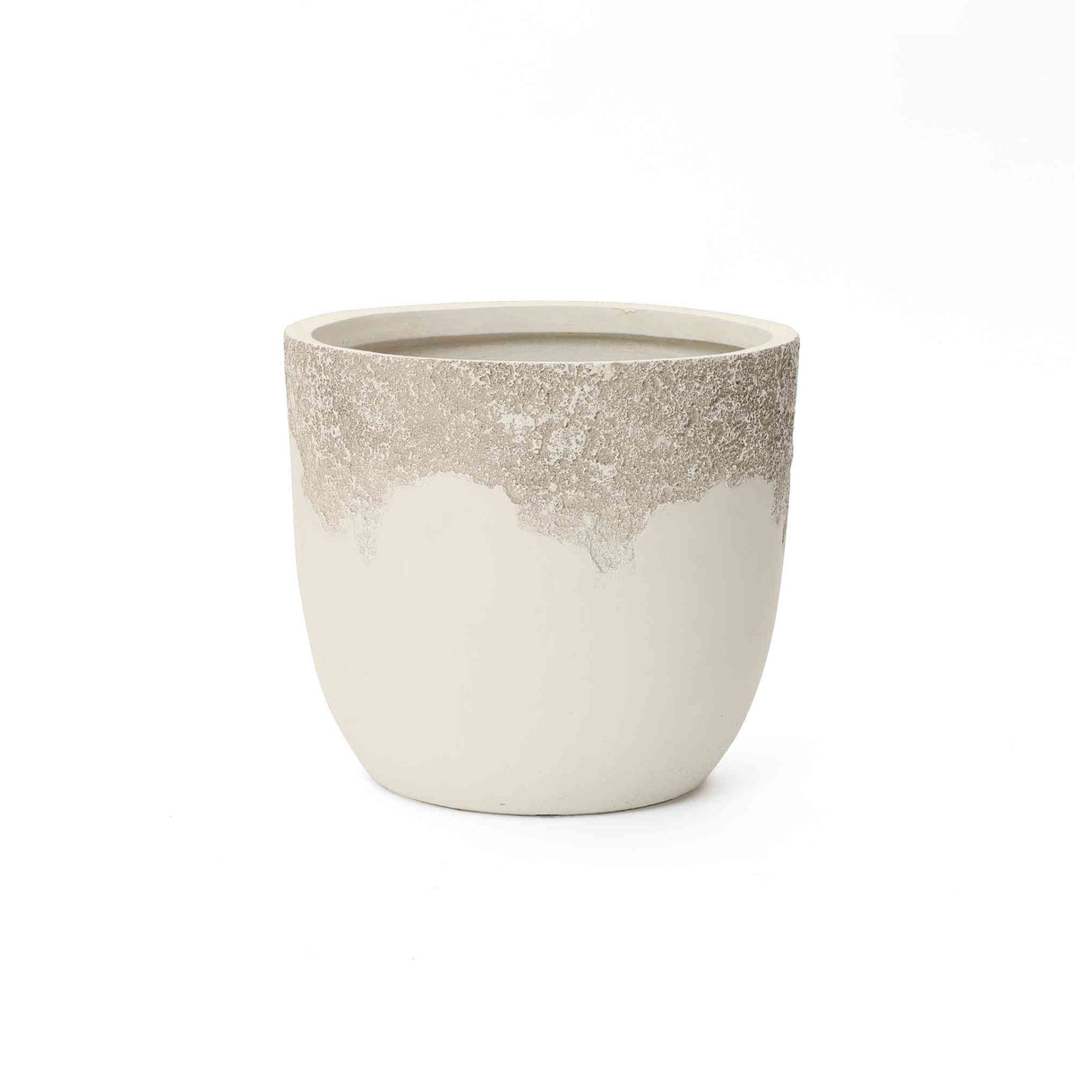 Sierra Round Travertine Stone-Textured Mgo Planter, Off-White, 14.5"