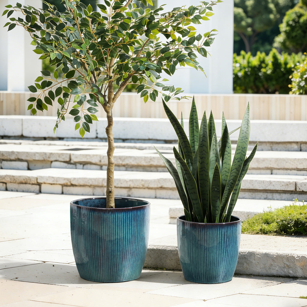 Verdis Round Striated Ceramic Planter, Blue Ombre, 15"