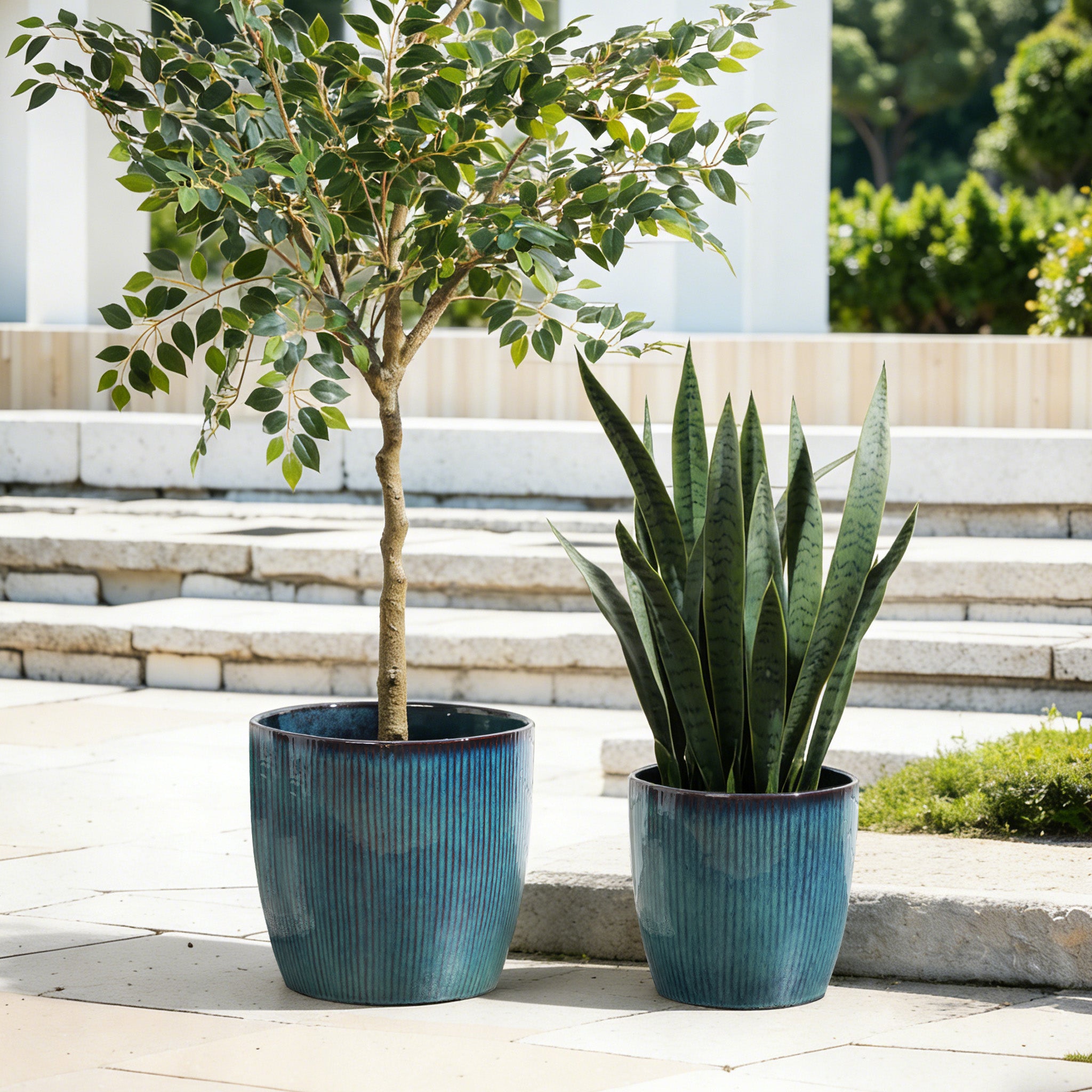 Verdis Round Striated Ceramic Planter, Blue Ombre, 12"