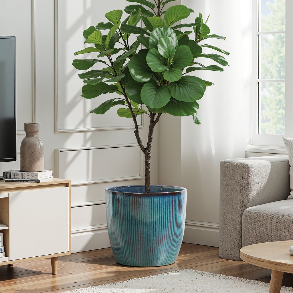 Verdis Round Striated Ceramic Planter, Blue Ombre, 15"