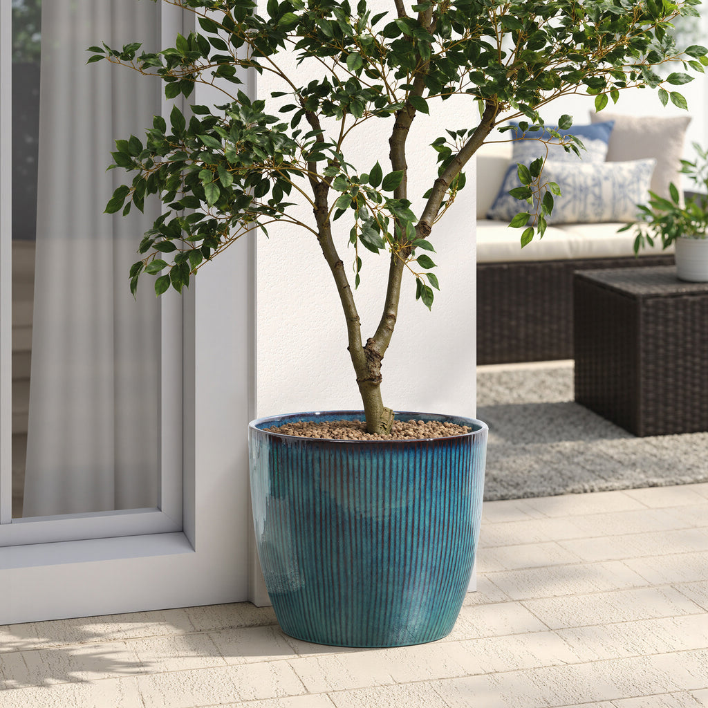 Verdis Round Striated Ceramic Planter, Blue Ombre, 15"