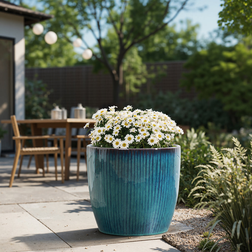 Verdis Round Striated Ceramic Planter, Blue Ombre, 12"