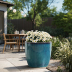 Verdis Round Striated Ceramic Planter, Blue Ombre, 12"