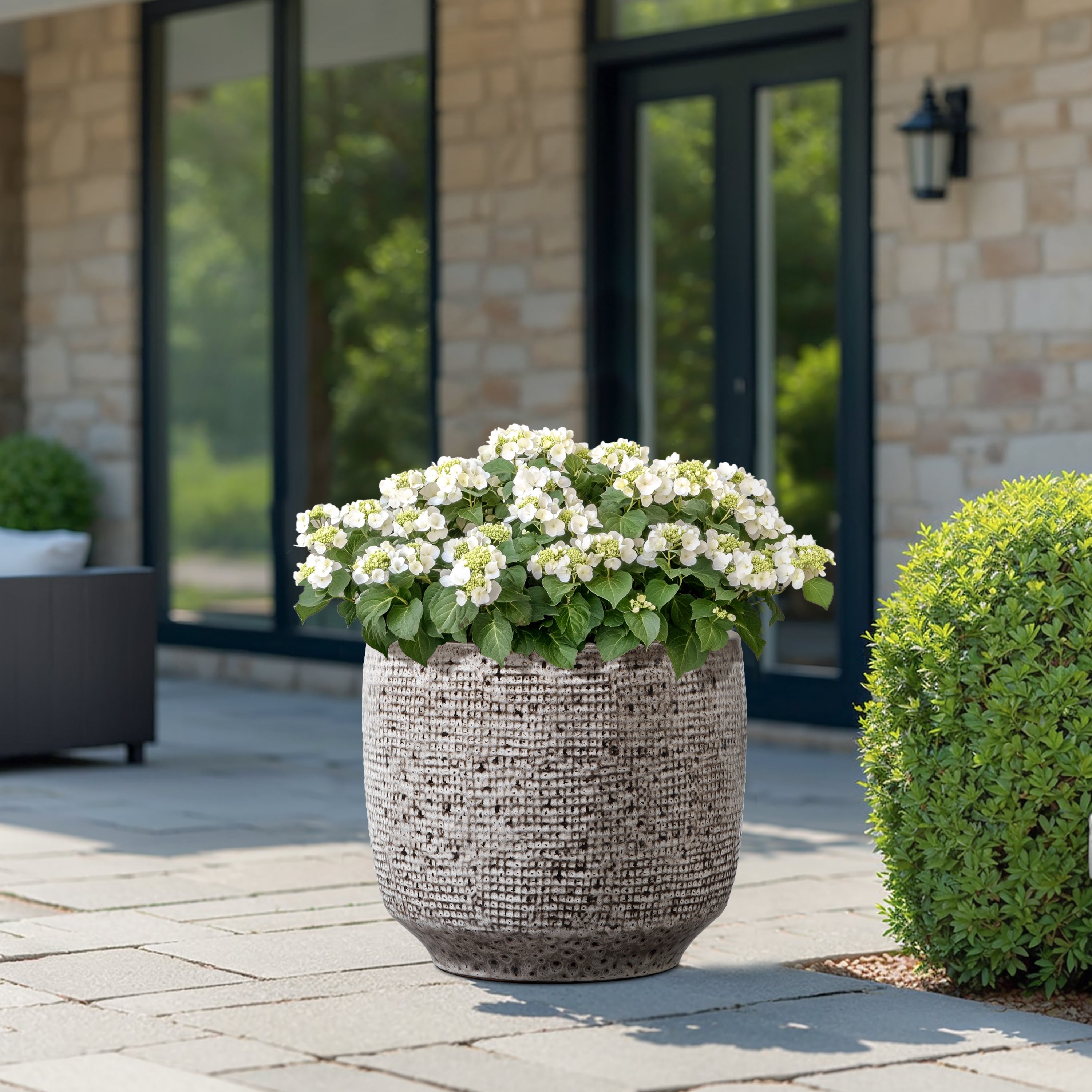 Textured Gray Grid Ceramic Garden Planter Pot, 15.75"