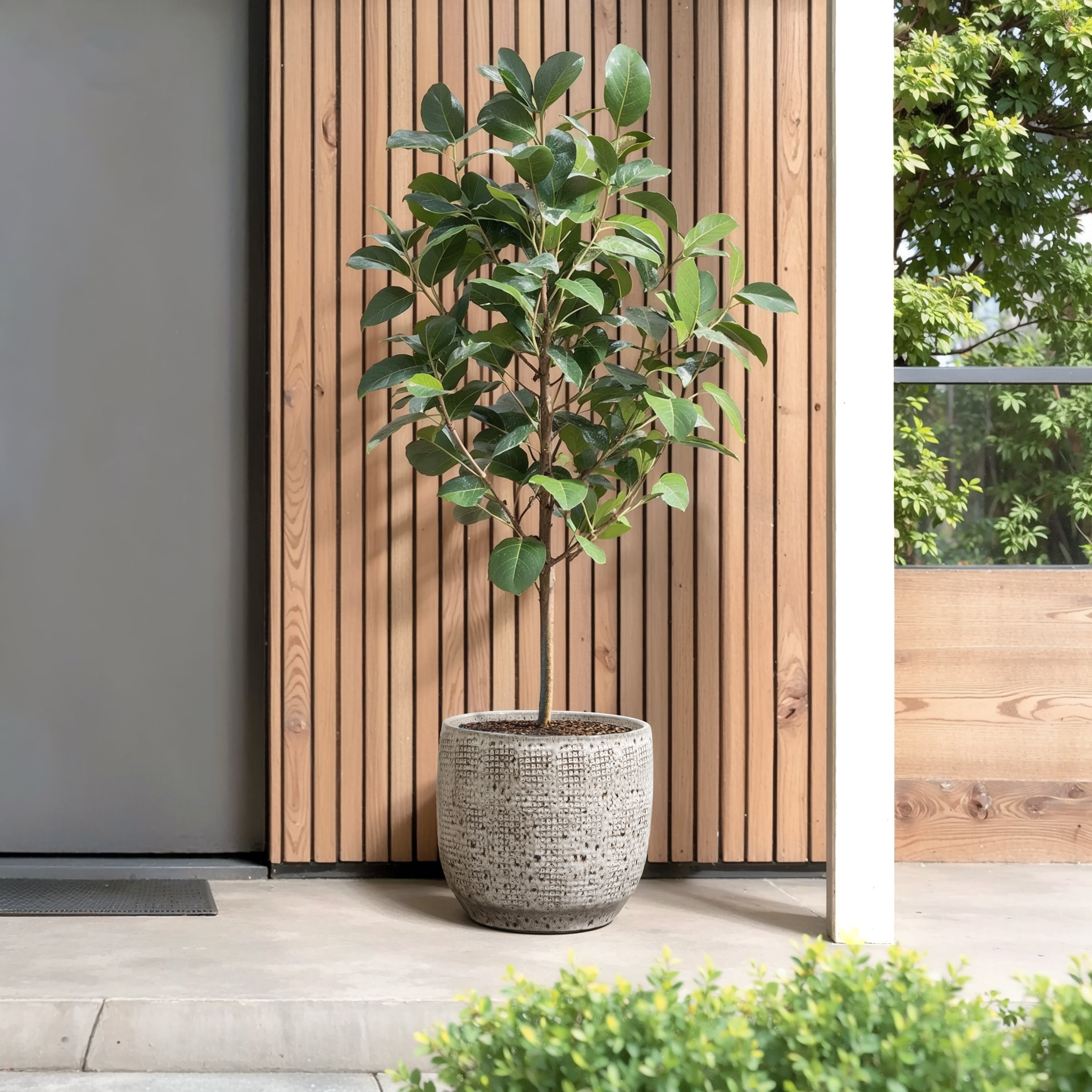 Gray Grid Tabletop Ceramic Indoor Outdoor Planter Pot, 12"