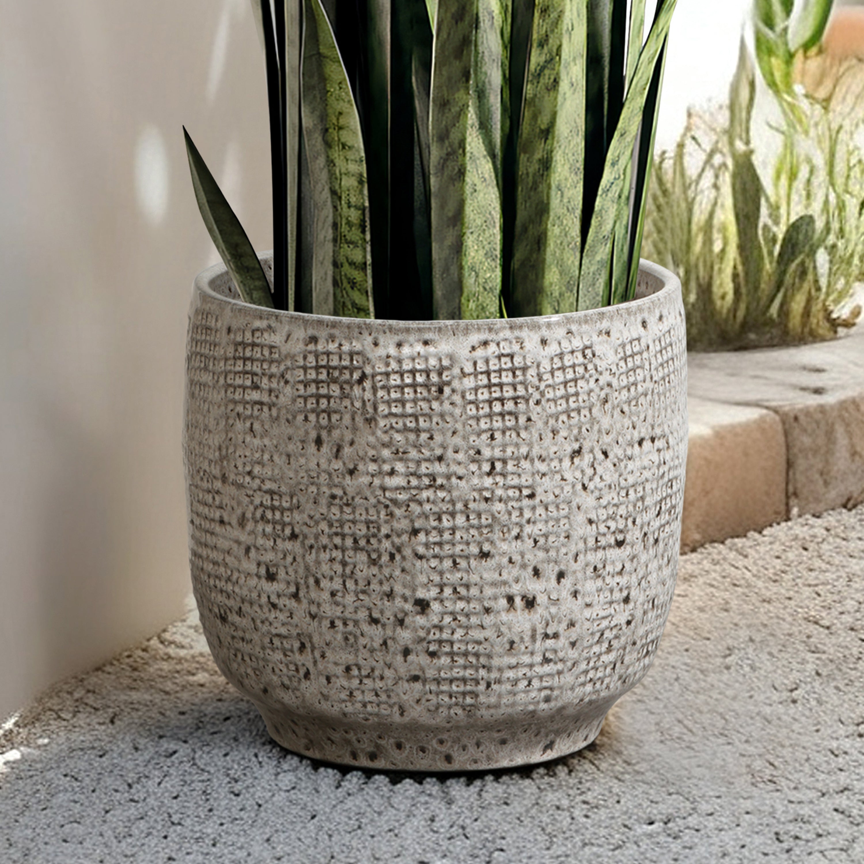 Gray Grid Tabletop Ceramic Indoor Outdoor Planter Pot, 12"