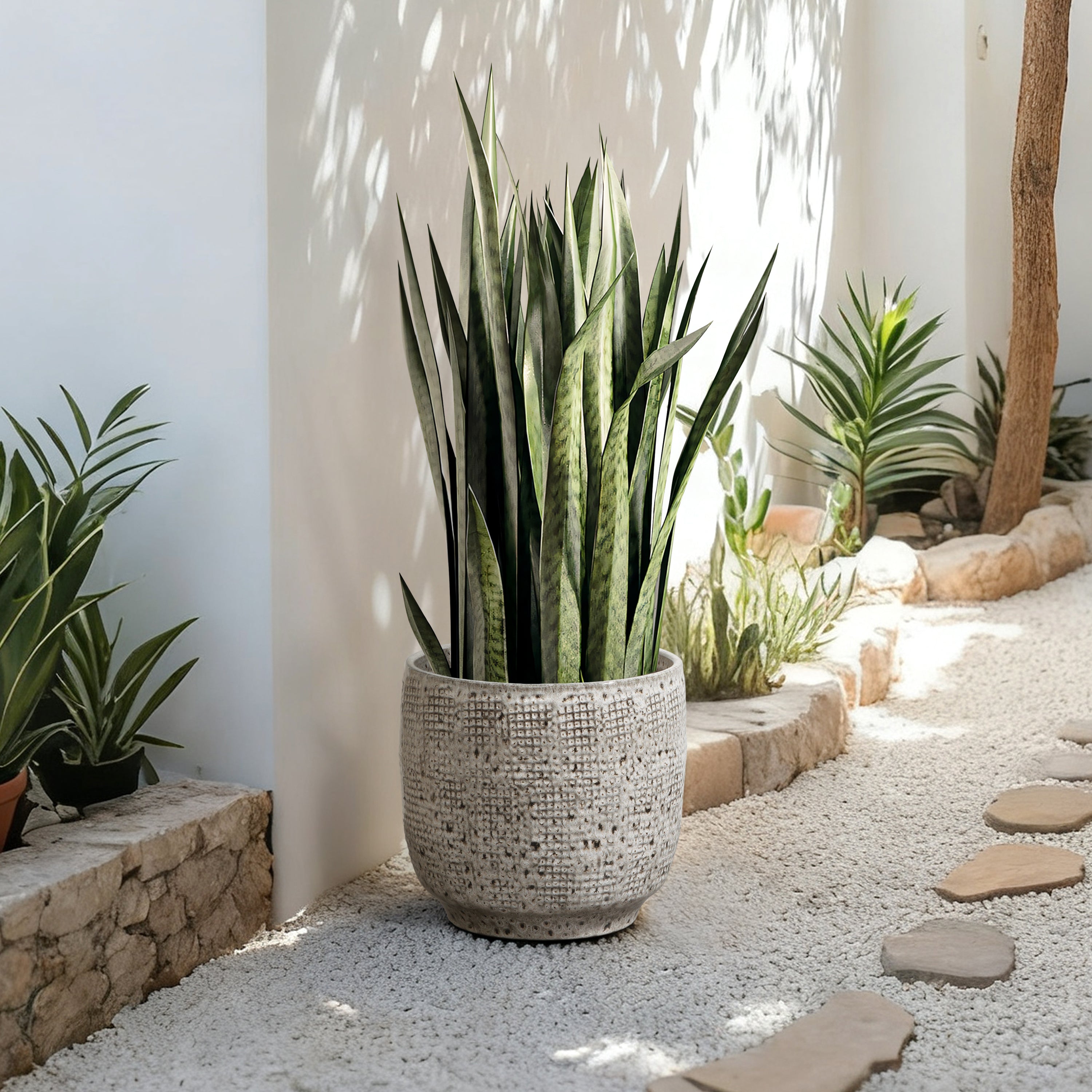 Gray Grid Tabletop Ceramic Indoor Outdoor Planter Pot, 12"