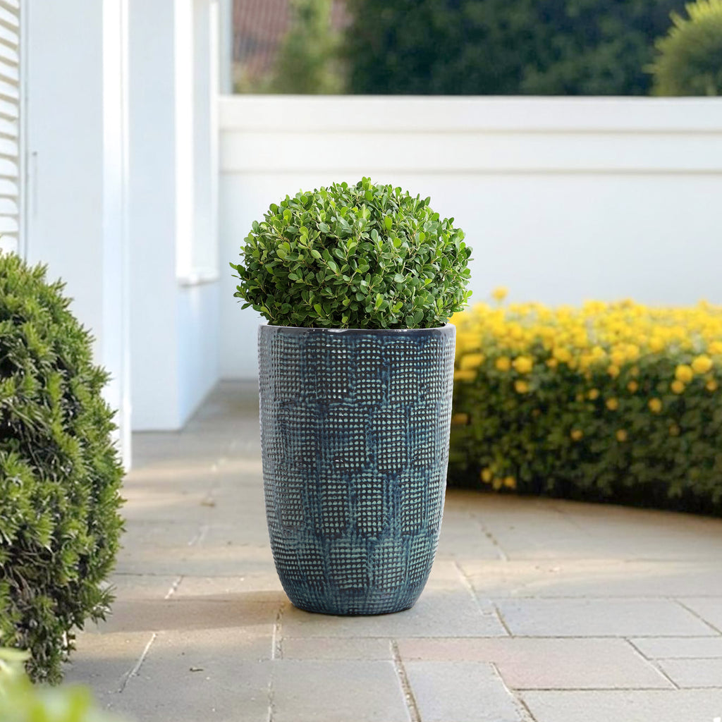 Ocean Grid Teal Ceramic Textured Garden Pot, 17.3"