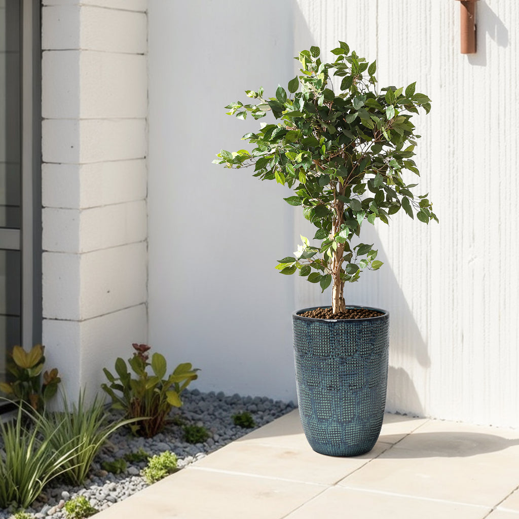 Ocean Grid Teal Ceramic Textured Garden Pot, 17.3"
