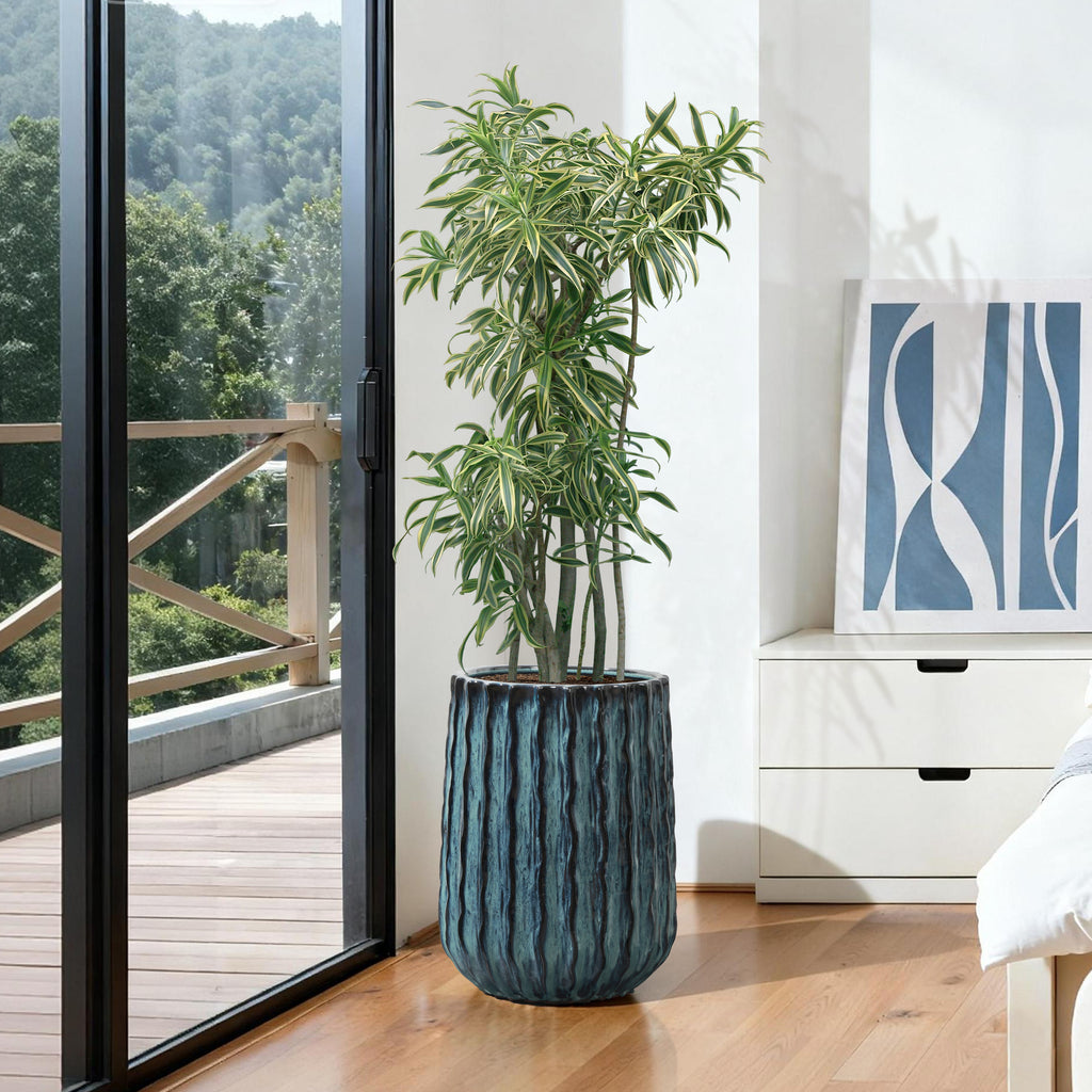 Green Gradient Ribbed Ceramic Tall Floor Planter, 17.6"