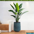 Green Gradient Ribbed Ceramic Tall Floor Planter, 17.6"