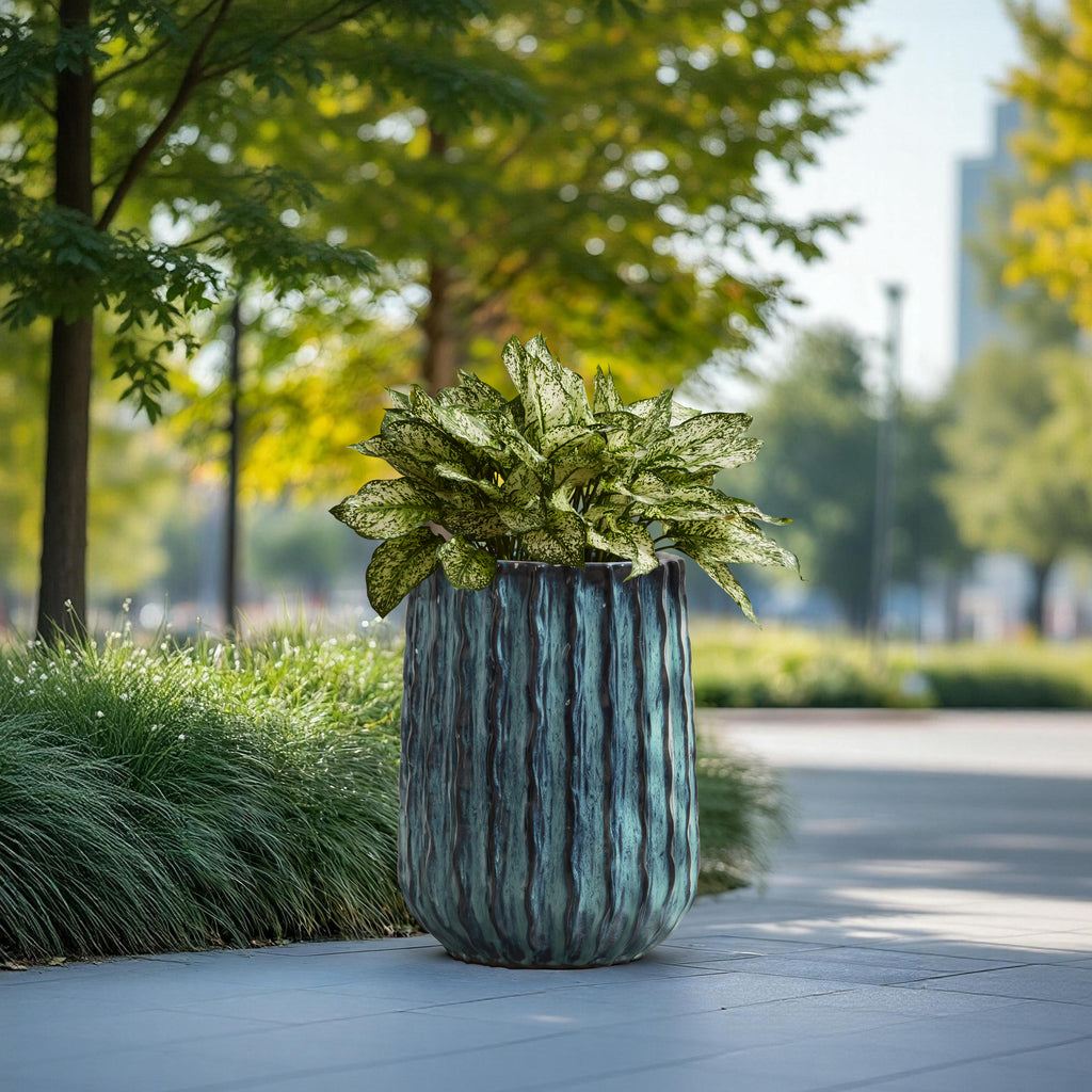 Green Gradient Ribbed Ceramic Tall Floor Planter, 17.6"