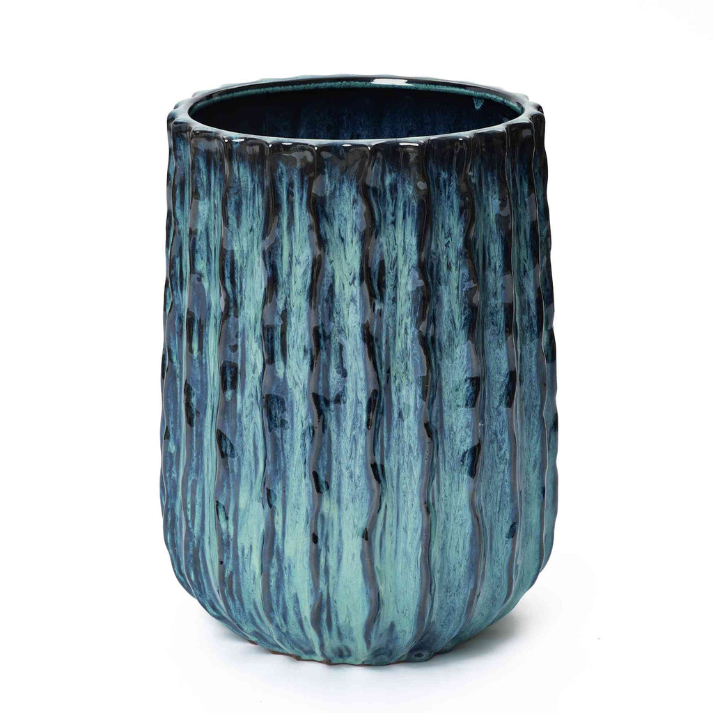 Cove Tall Fluted Ceramic Planter, Blue-Green Ombre, 17.5"