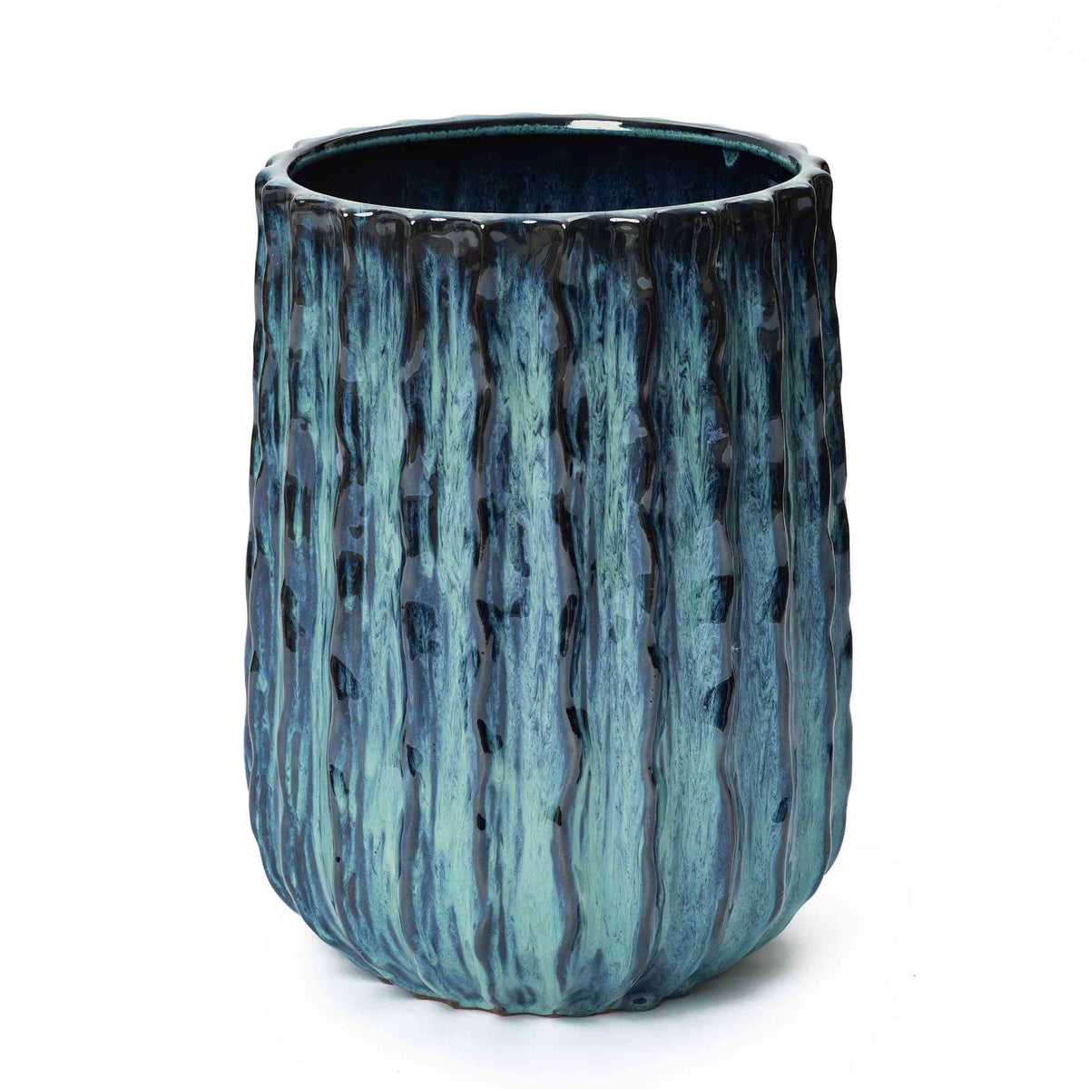 Cove Tall Fluted Ceramic Planter, Blue-Green Ombre, 17.5"