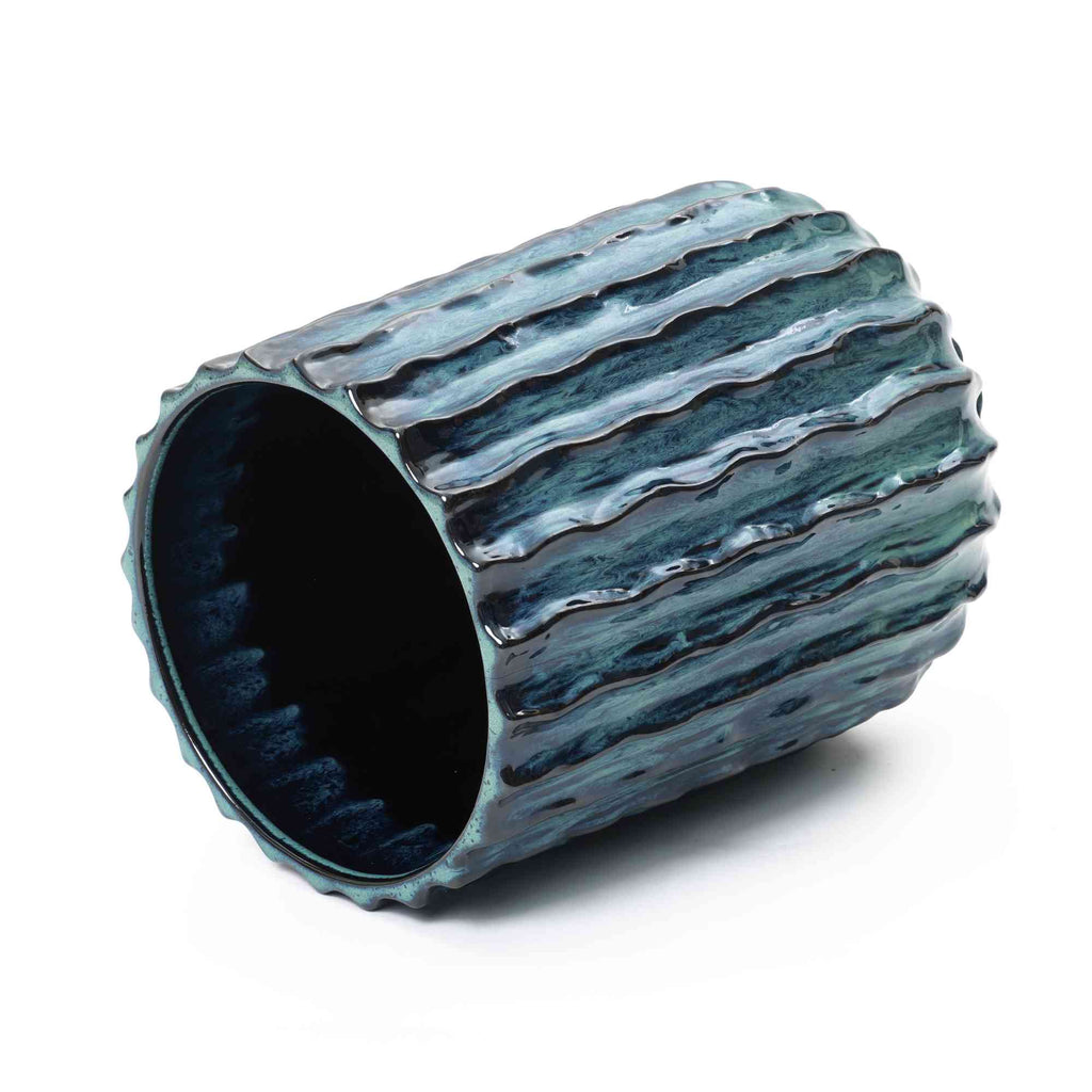 Cove Tall Fluted Ceramic Planter, Blue-Green Ombre, 17.5"