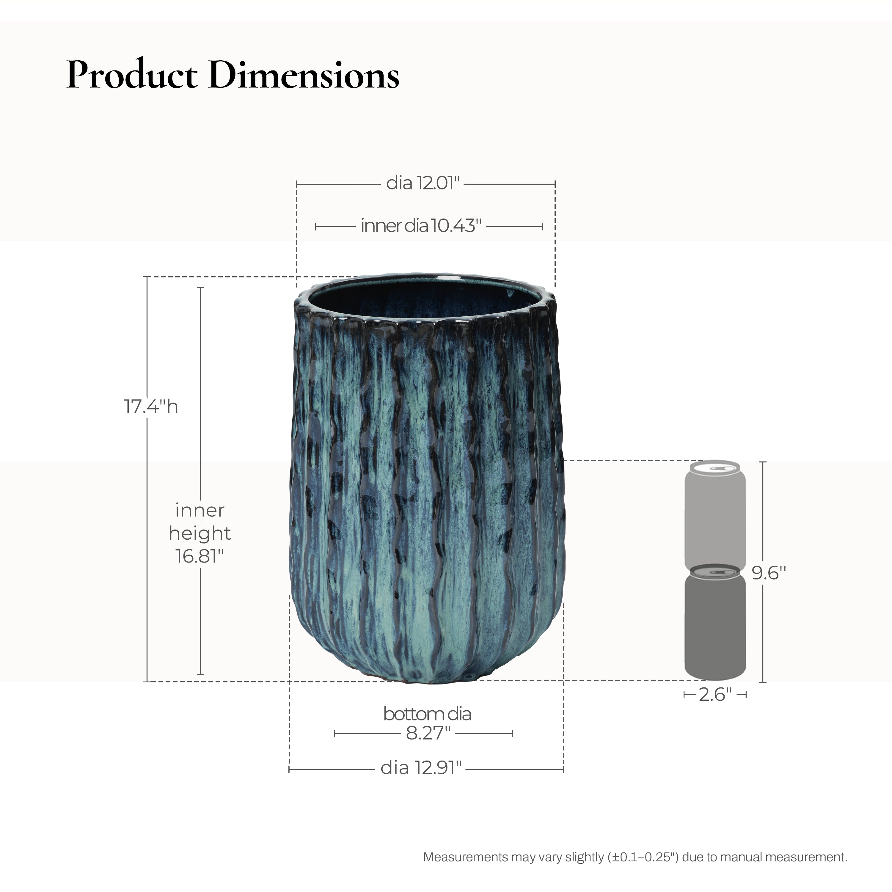 Green Gradient Ribbed Ceramic Tall Floor Planter, 17.6"