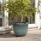 Verdis Round Striated Ceramic Planter, Green Glaze, 12"