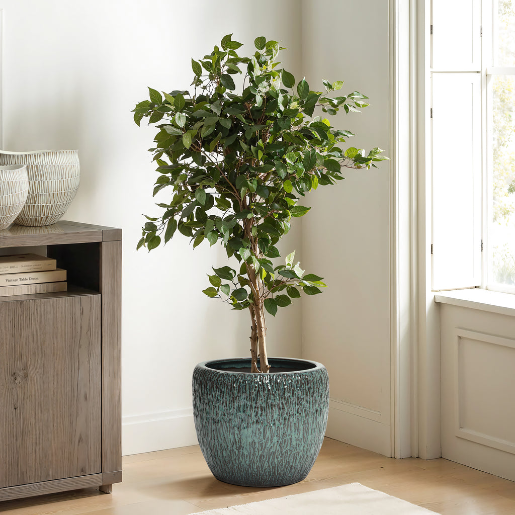Verdis Round Striated Ceramic Planter, Green Glaze, 12"