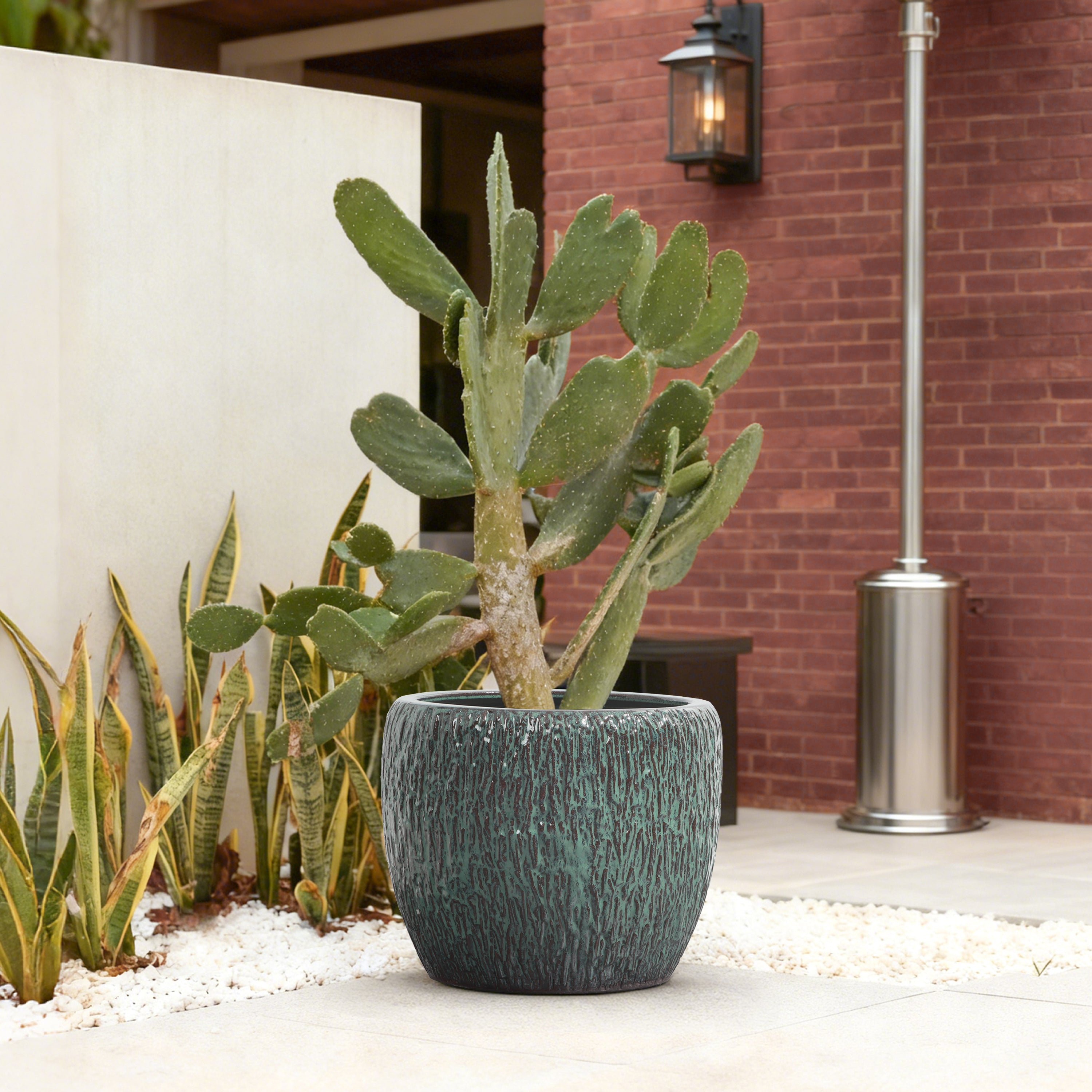 Verdis Round Striated Ceramic Planter, Green Glaze, 12"
