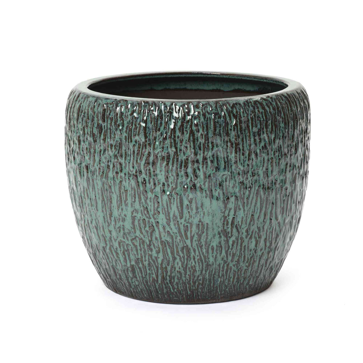 Verdis Round Striated Ceramic Planter, Green Glaze, 12"