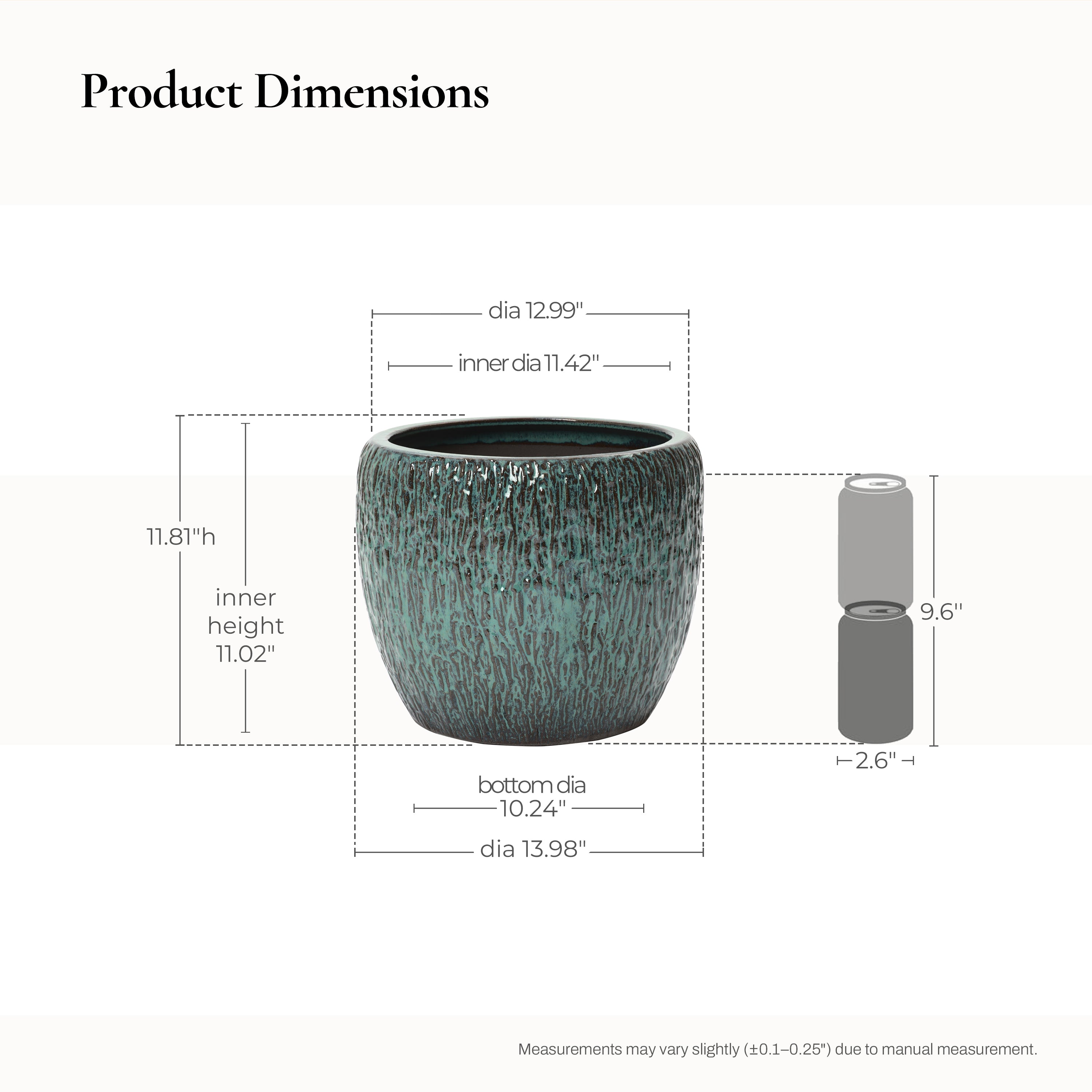 Verdis Round Striated Ceramic Planter, Green Glaze, 12"