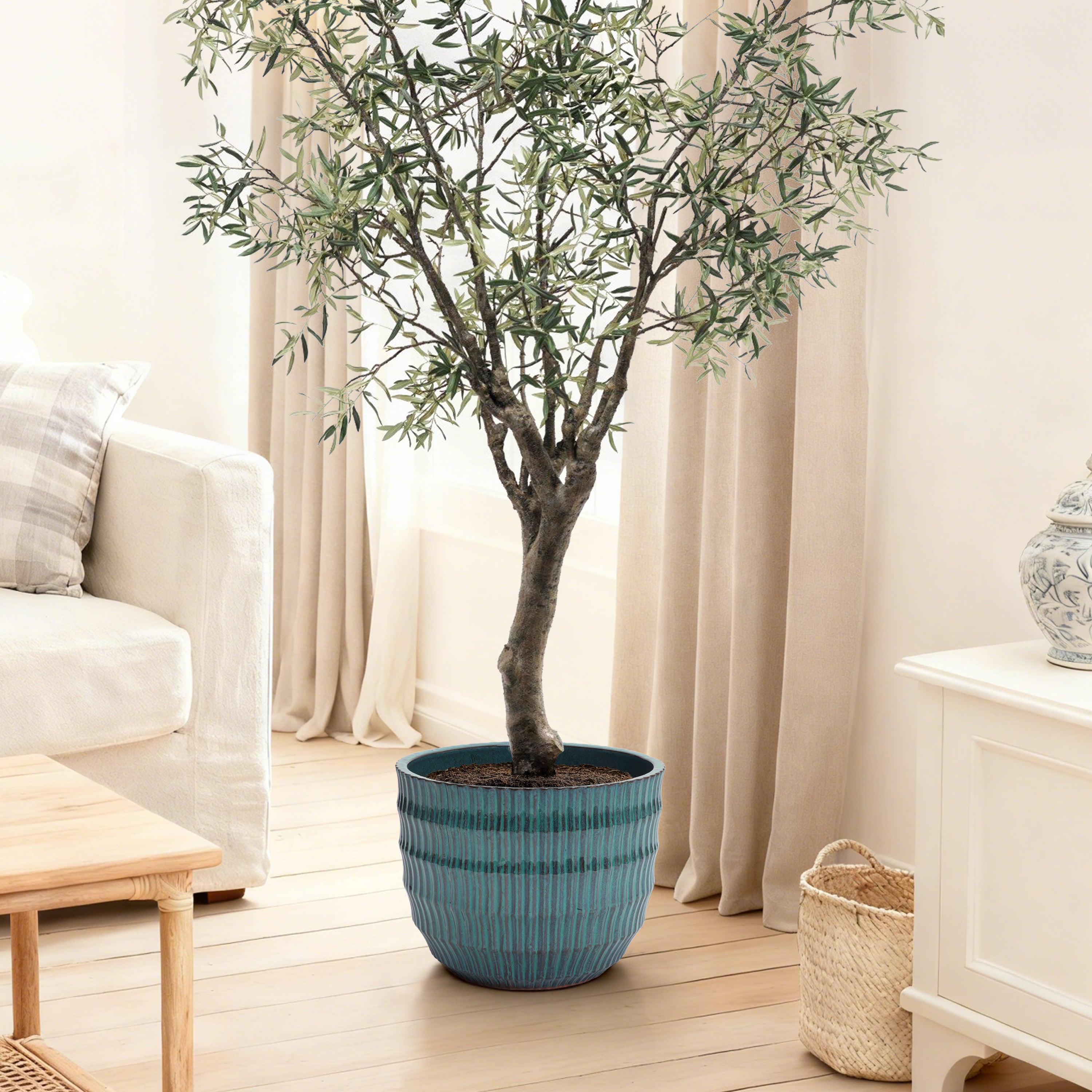 Veranda Round Textured Ceramic Planter, Green-Blue, 12"