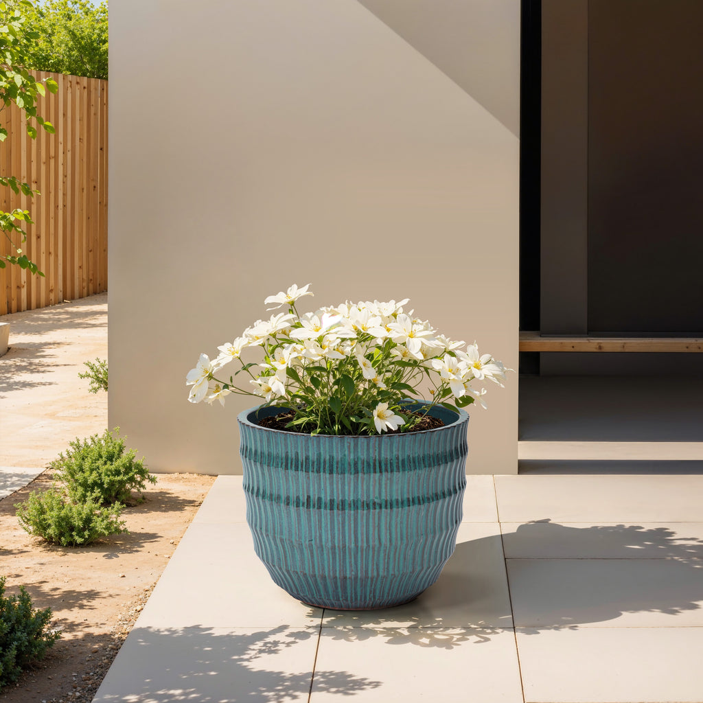 Veranda Round Textured Ceramic Planter, Green-Blue, 12"