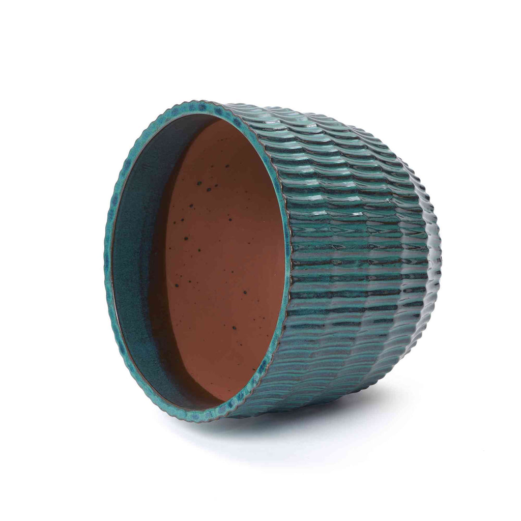 Veranda Round Textured Ceramic Planter, Green-Blue, 12"