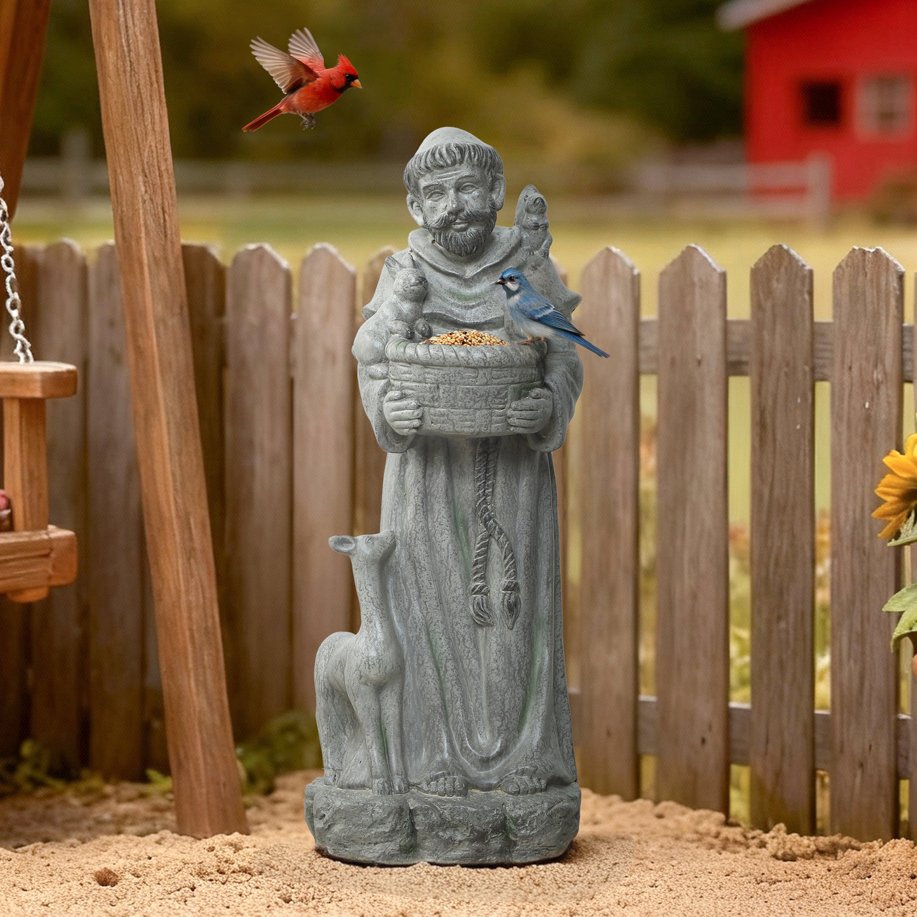 Saint Francis MgO Outdoor Birdfeeder Statue, 27.6"