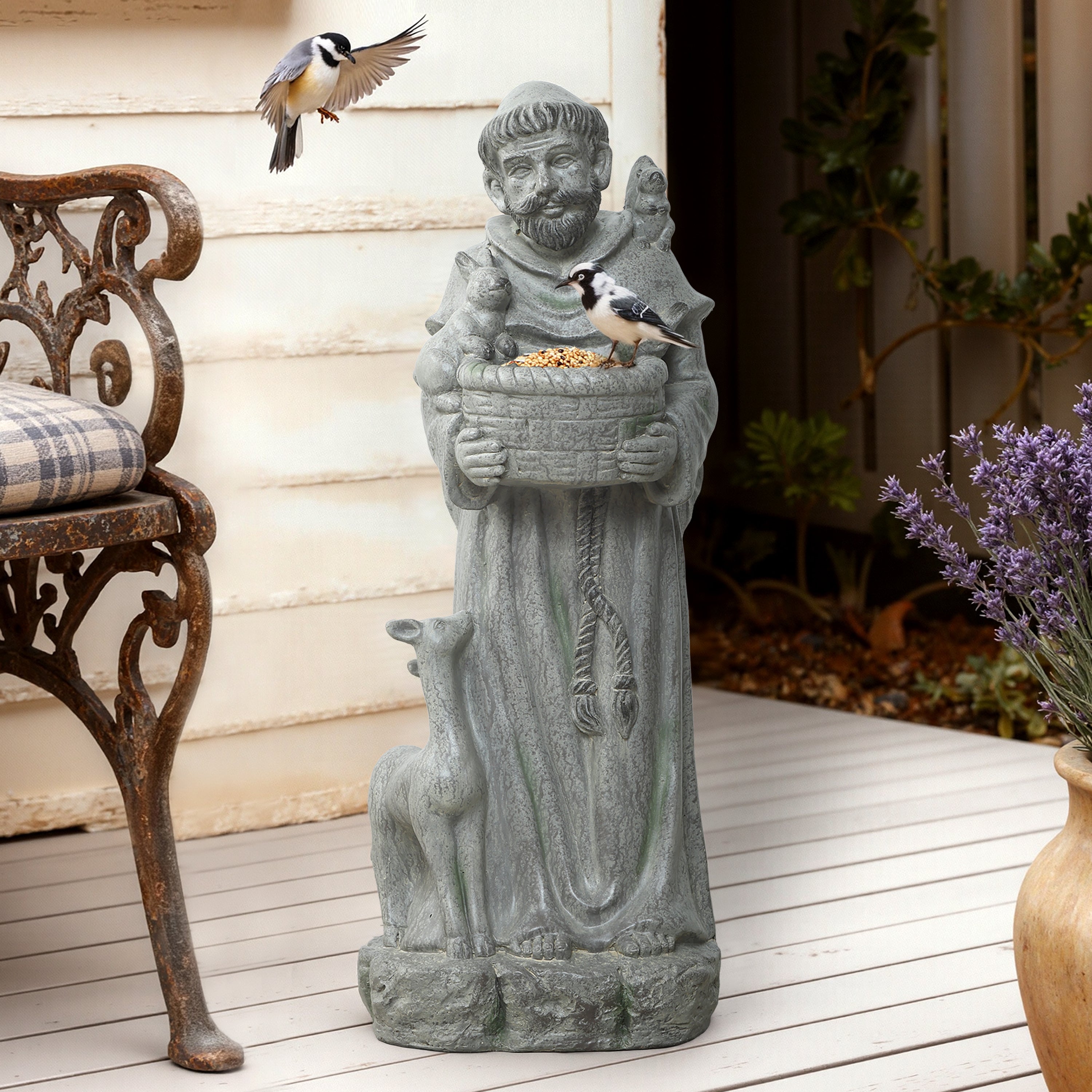 Saint Francis MgO Outdoor Birdfeeder Statue, 27.6"