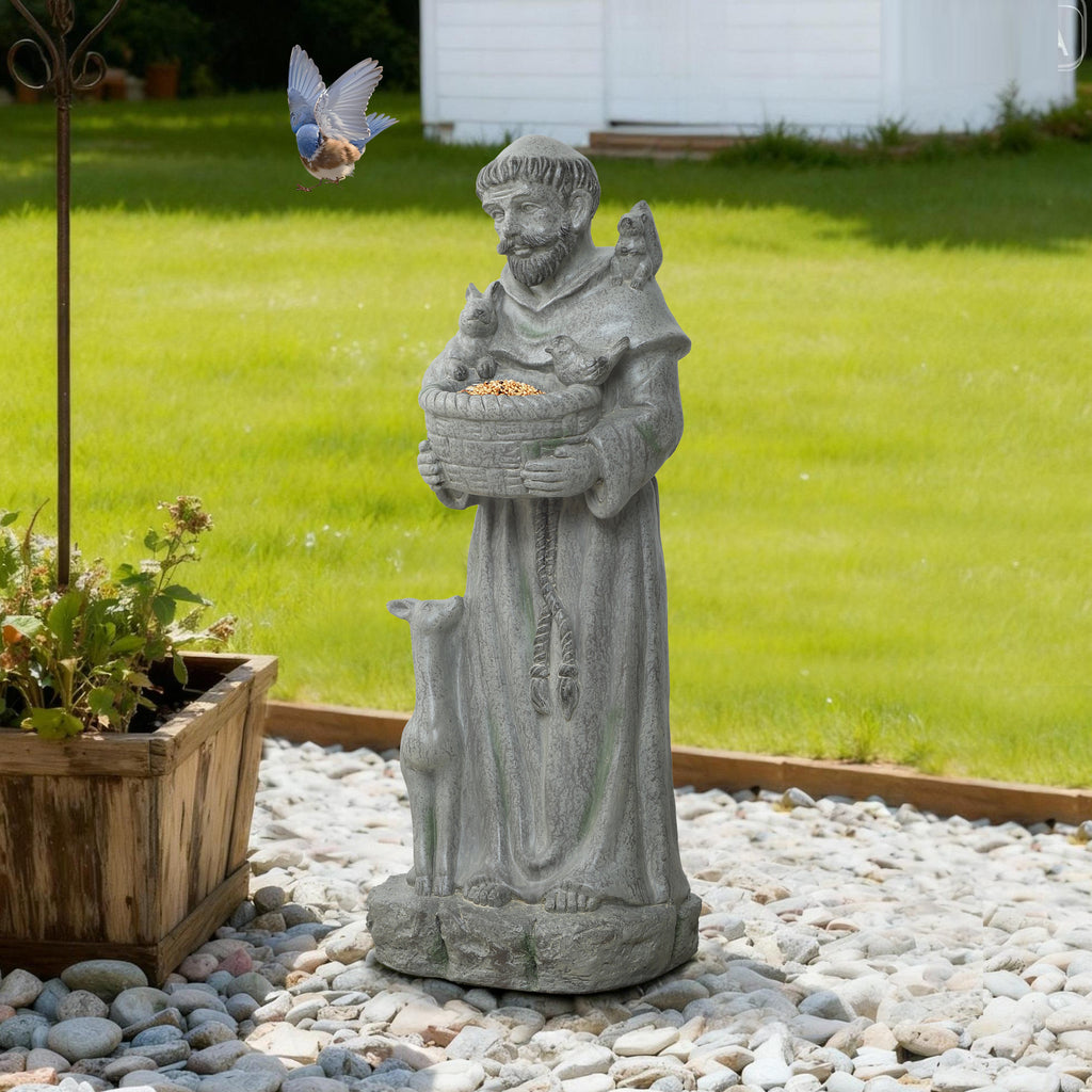 Saint Francis MgO Outdoor Birdfeeder Statue, 27.6"