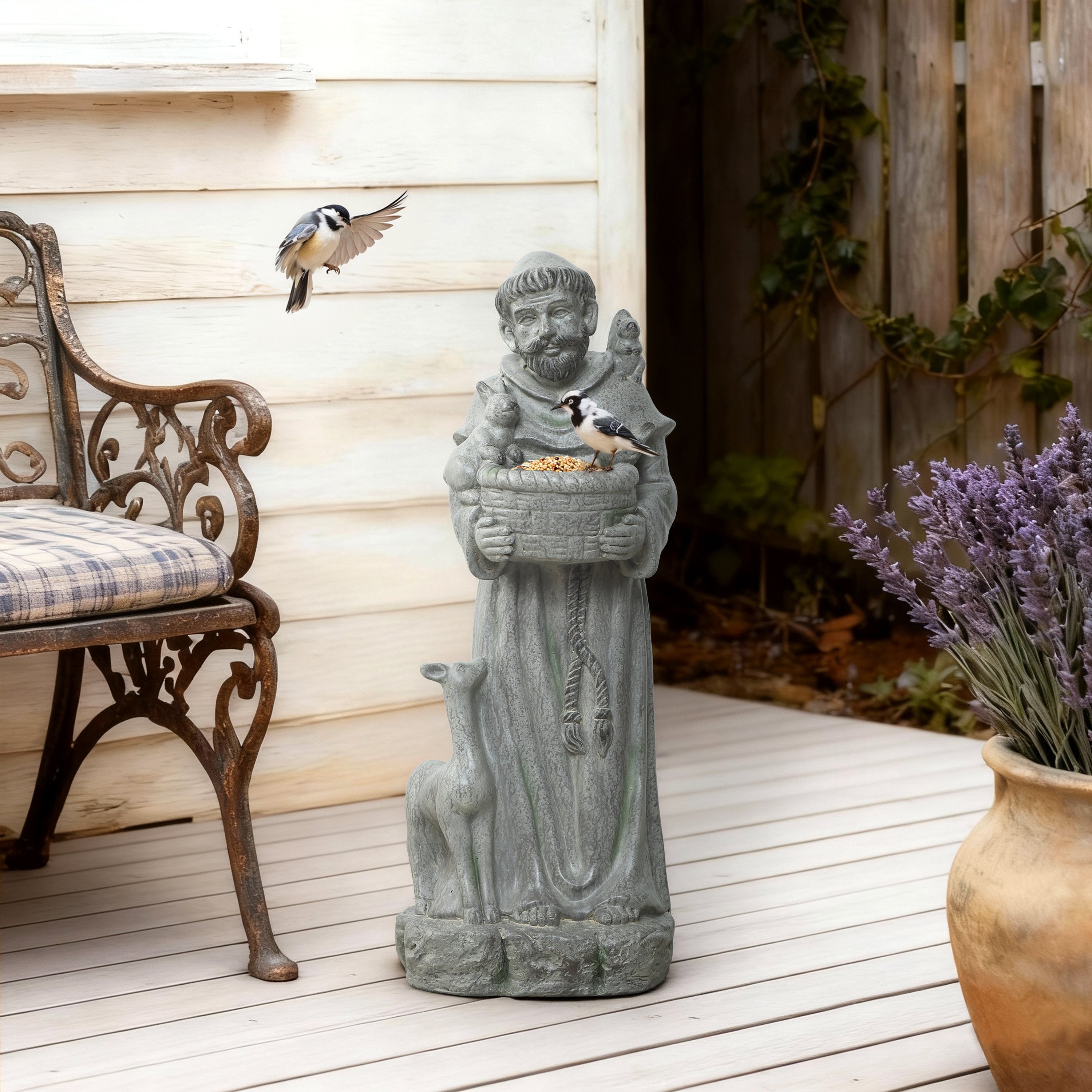 Saint Francis MgO Outdoor Birdfeeder Statue, 27.6"