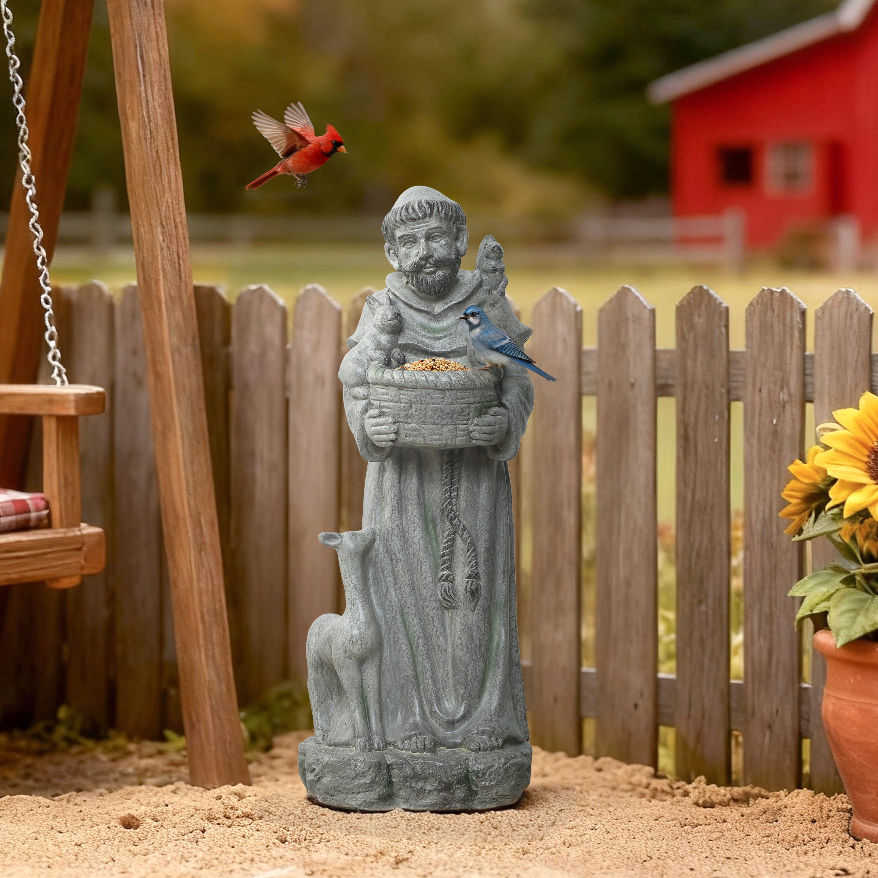 Saint Francis MgO Outdoor Birdfeeder Statue, 27.6"