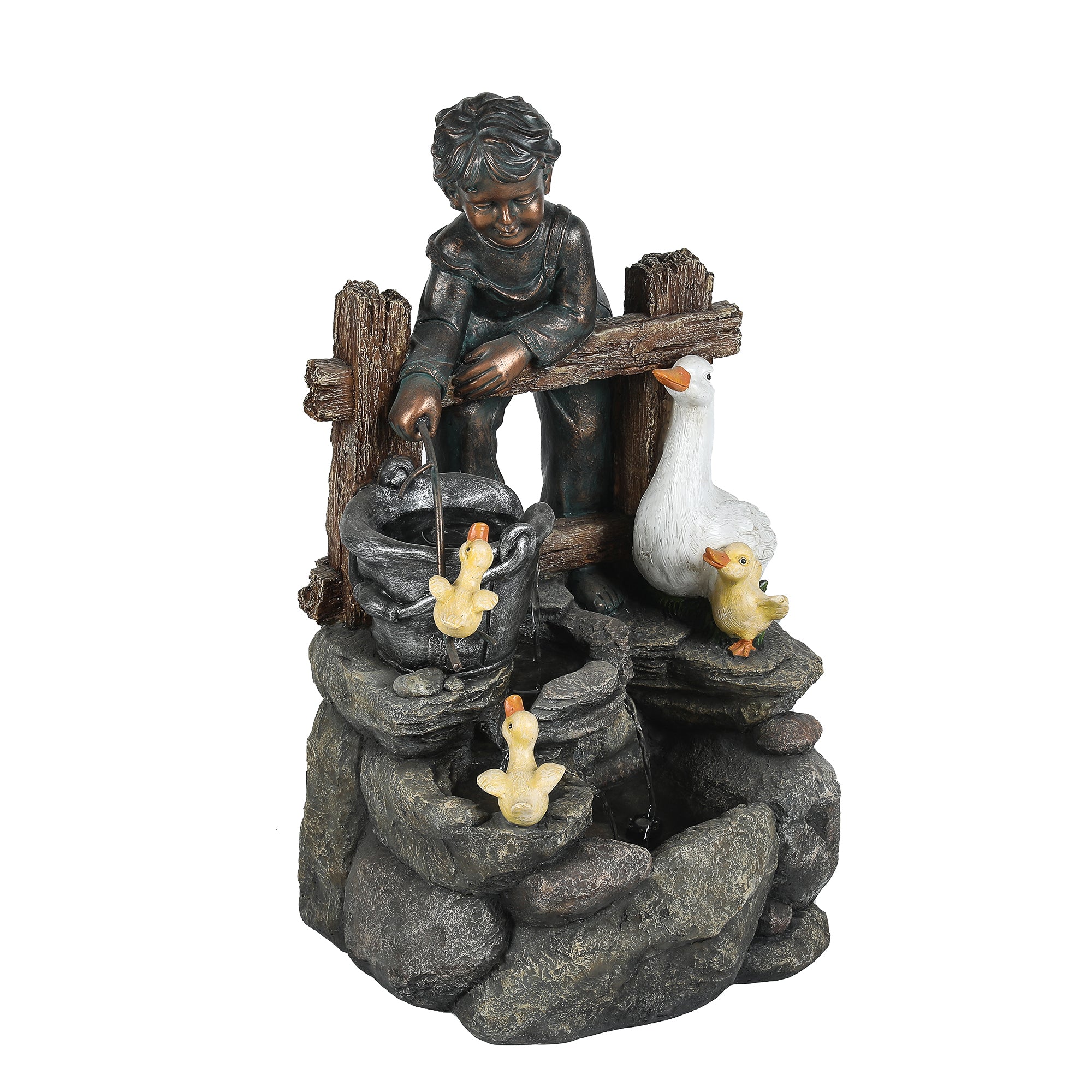 Resin Child and Duck Family Outdoor Fountain with LED Light