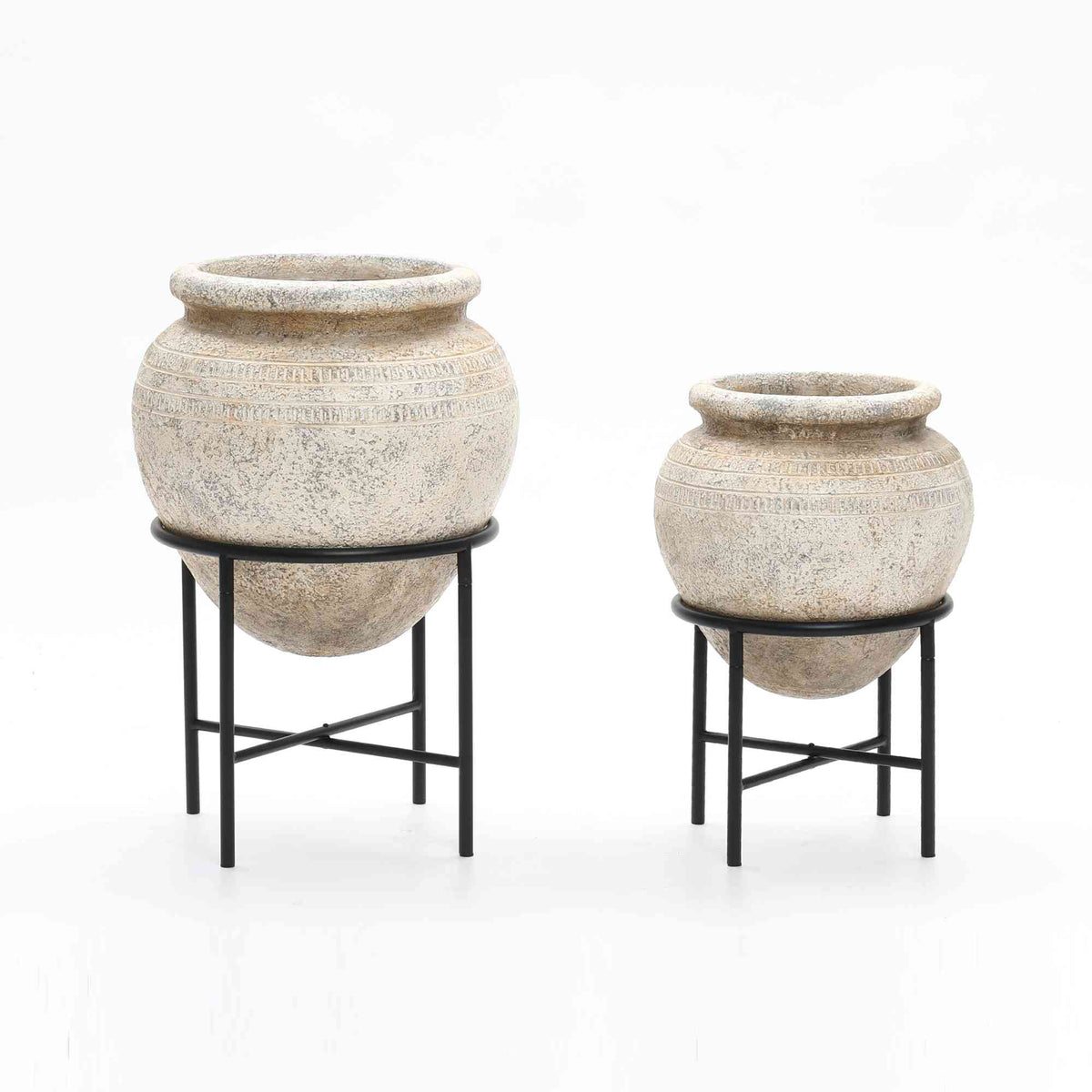 Metal Cachepot Cauldron MgO Pot Set, Antique White, 26"